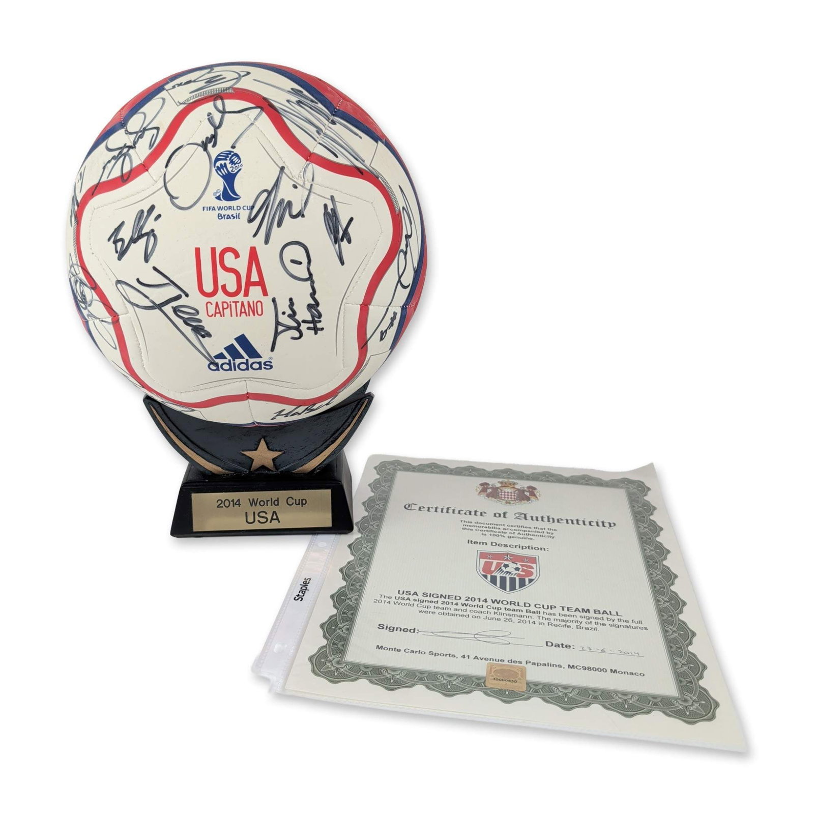 Adidas 2014 World Cup USMNT Team Signed Soccer Ball: 2014 United States Men National Team. Team signed soccer ball in synthetic material by Adidas, Capitano model, featuring red, white, and blue graphics with the official 2014 FIFA World Cup Brasil logo