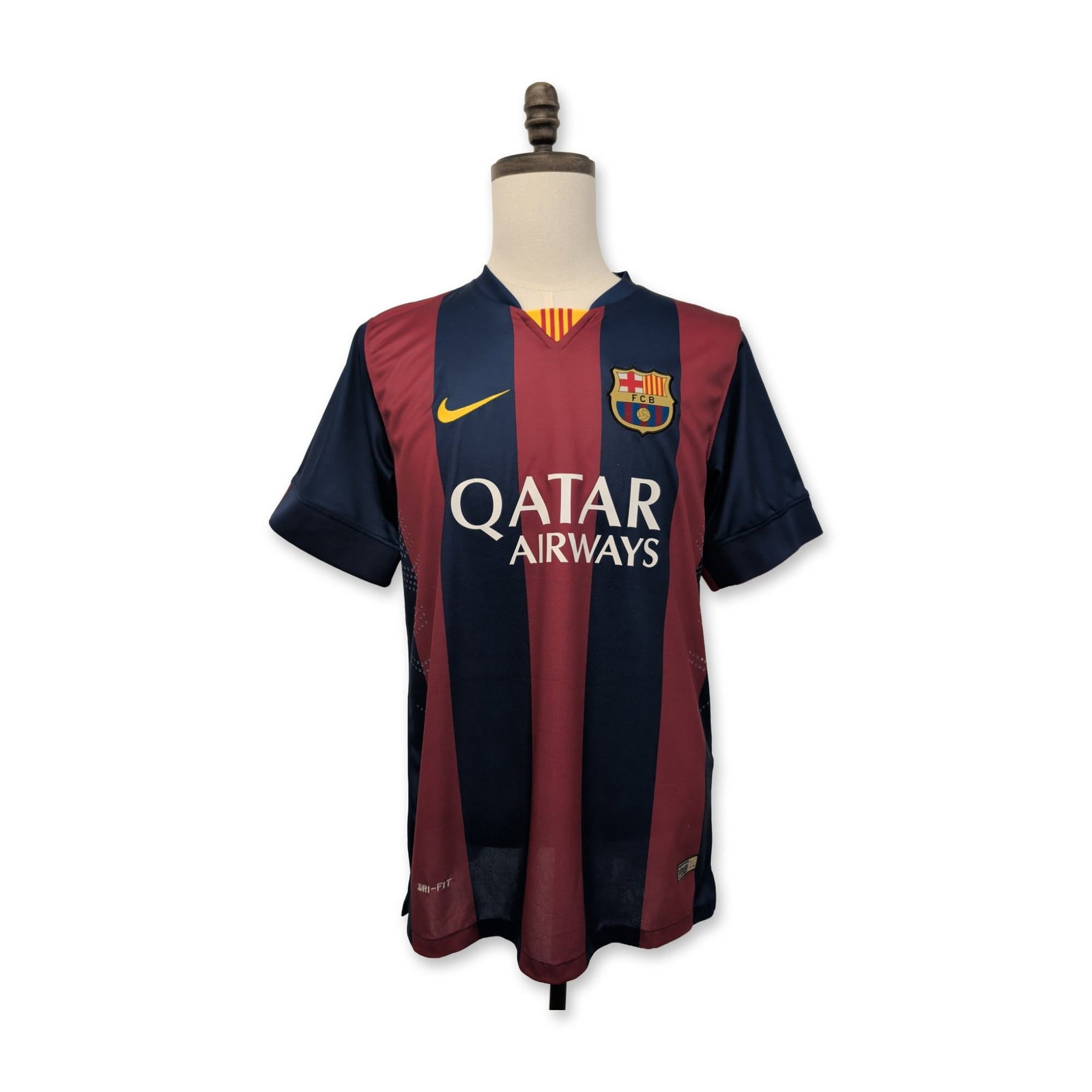 FC Barcelona 2014-2015 Signed Neymar Jr. Home Soccer Jersey: Nike. 2014-2015 FC Barcelona home soccer jersey in polyester Dri-Fit fabric, featuring maroon and navy blue vertical stripes. The chest displays the embroidered club crest, yellow Nike swoosh, and hea