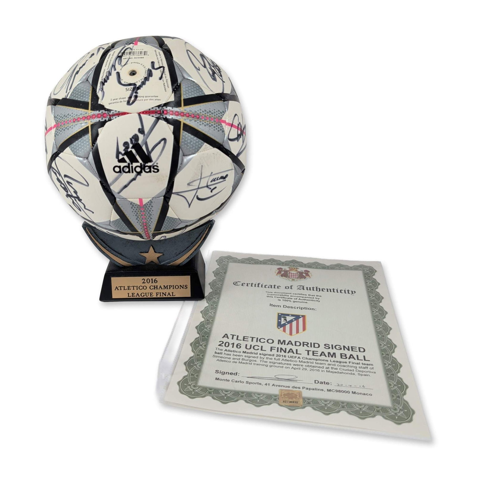 Adidas Atletico Madrid Signed 2016 UCL Final Soccer Ball: Adidas brand soccer ball, Finale Milano 2016 Match Ball Capitano model, commemorating the 2016 UEFA Champions League Final in Milan. The ball features approximately 20 signatures in black marker on th