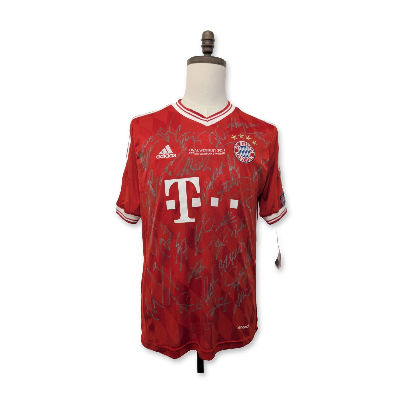Signed FC Bayern Munich 2013 Champions League Soccer Jersey: FC Bayern Munich home jersey by Adidas, commemorating the 2013 UEFA Champions League Final at Wembley Stadium. Red polyester construction with a sublimated tonal diamond pattern, white Adidas logo, an