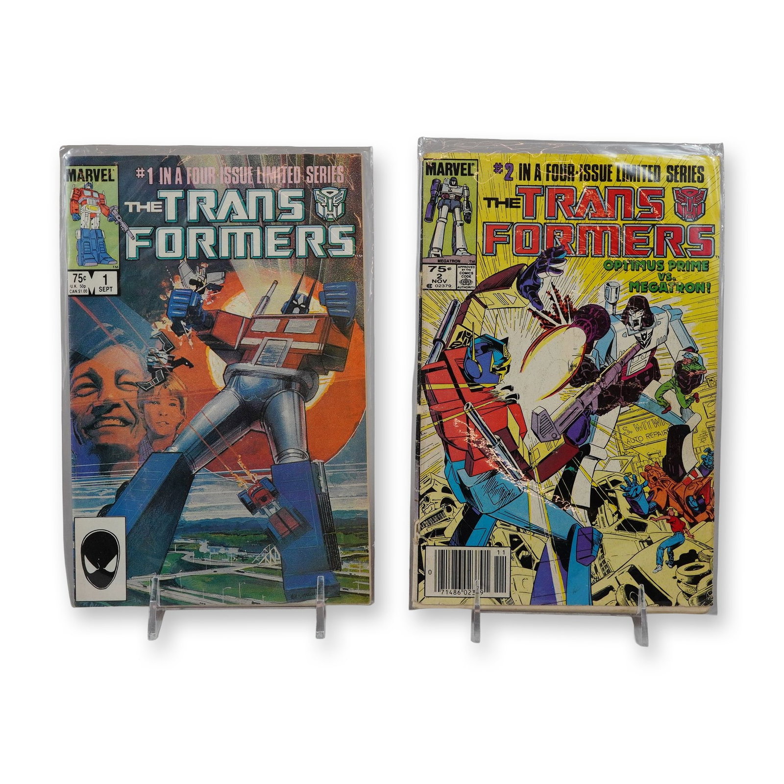 2pc Marvel Transformers Comic Books Issues 1 and 2: Marvel Comics. Two comic books from the 1984 four-issue limited series, including issues 1 and 2. Issue 1 (September 1984) is a Direct Market edition featuring a Spider-Man icon in the UPC box. The co
