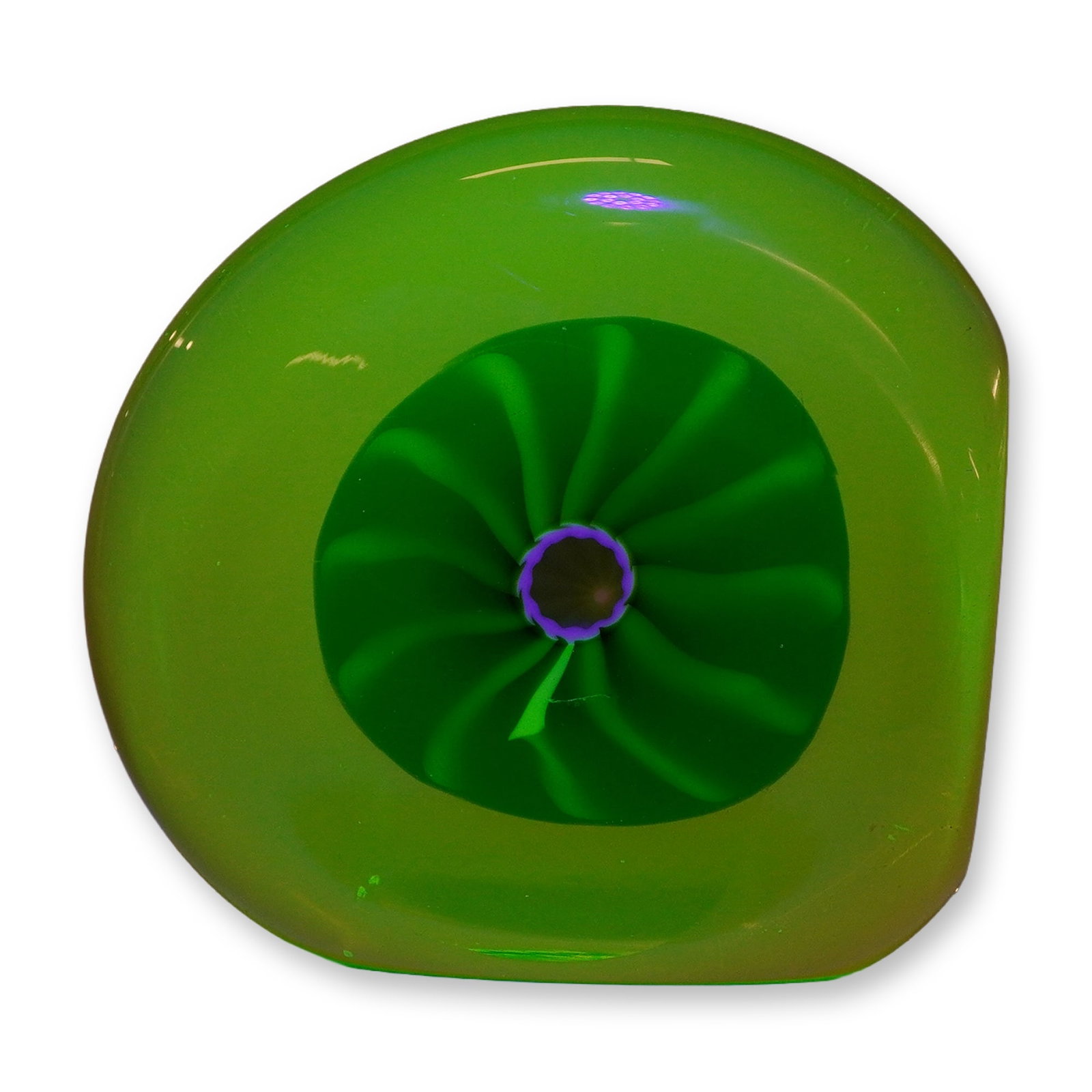 Galliano Ferro Vaseline Green Swirl Design Italian Art Glass Bookend: A Galliano Ferro Murano art glass bookend or decorative sculpture featuring a distinctive swirl design. The object is crafted from translucent uranium glass, also known as vaseline glass, which displa