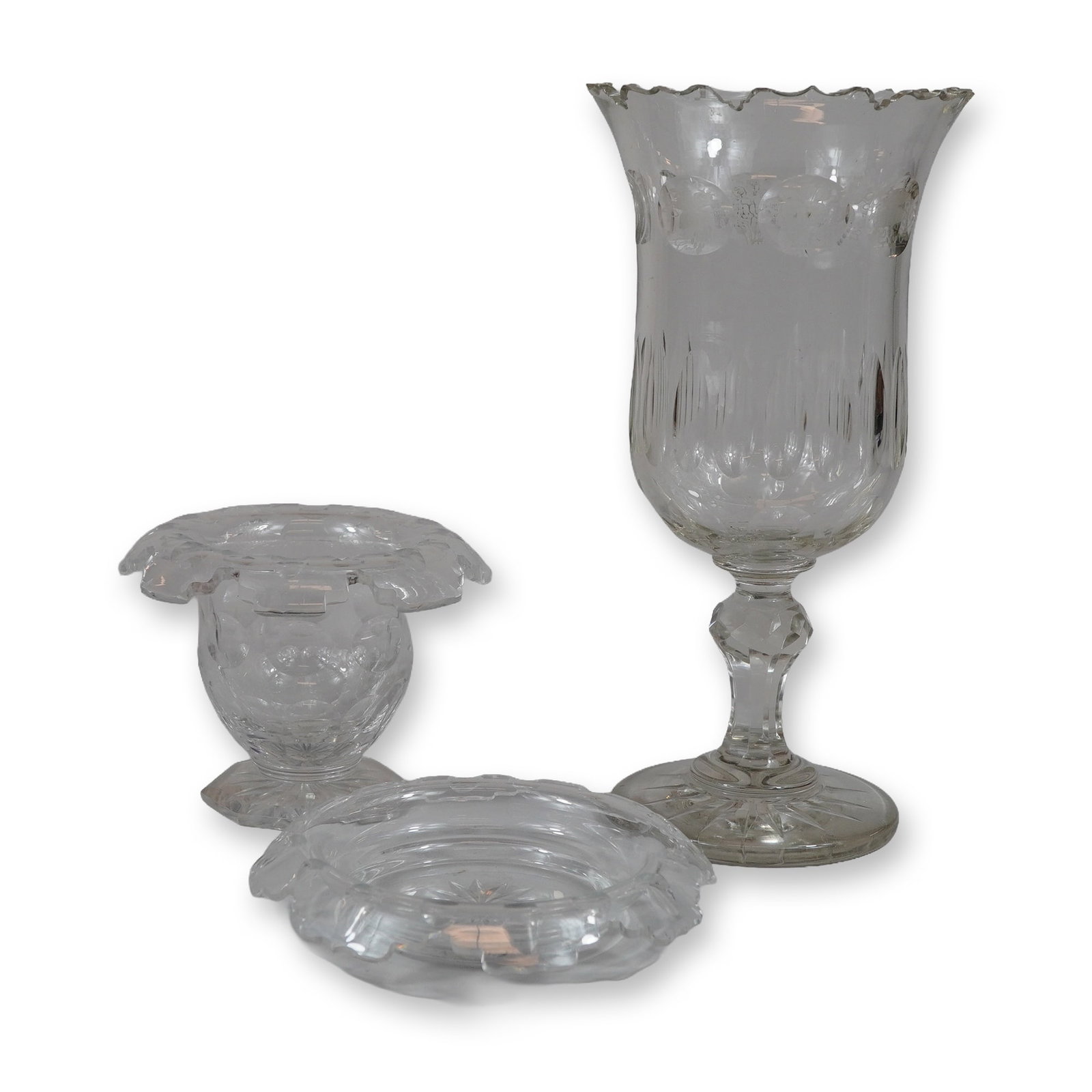 Three Piece Cut Glass Collection Including a Tall Celery Vase and a Ruffled Dish (1 of 4)