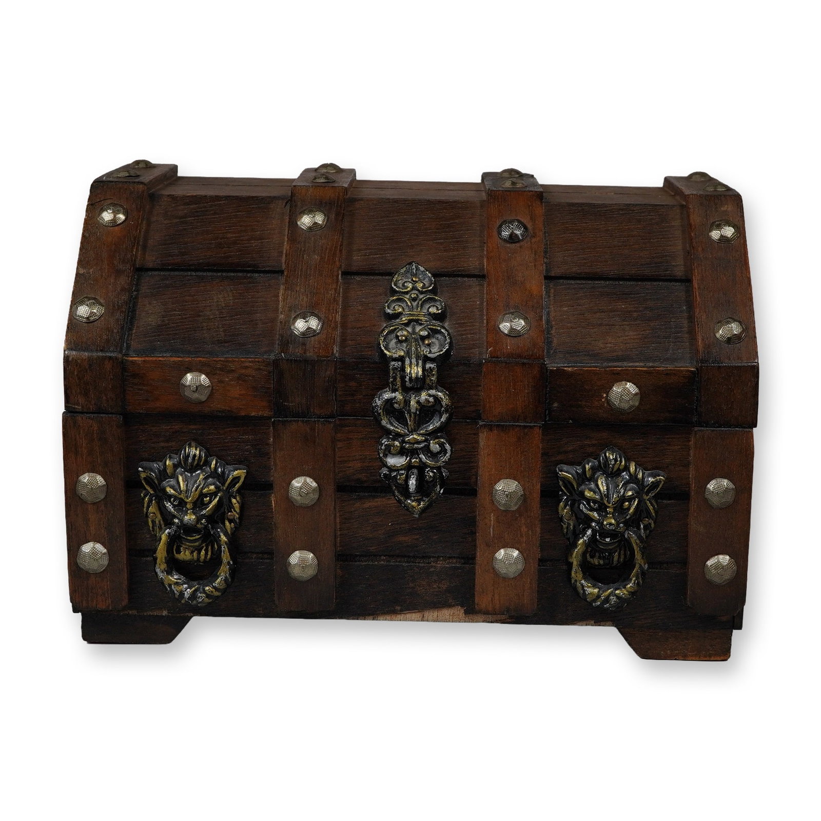 A Vintage Amber Pressed Glass Decanter and Glasses Set in Wooden Trunk-Style Case: This set features amber-colored pressed glass liquor service pieces housed within a decorative wooden trunk-style case. The dome-top chest is constructed with a dark-stained finish and detailed with v