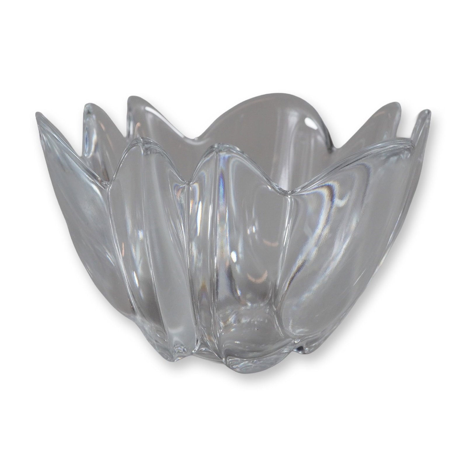 Orrefors Clear Crystal Tulip Pattern Bowl: This clear crystal bowl is produced by Orrefors of Sweden. The piece features a heavy, multi-lobed body with a flared, wavy rim, consistent with the Tulip or Lotus pattern. The design is characteristi