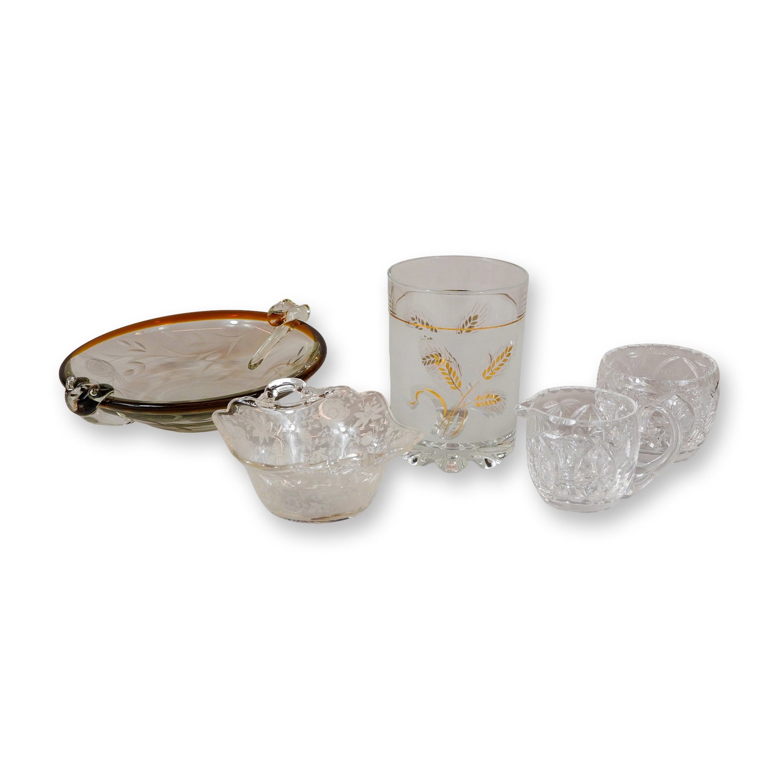 5pc Glass Ice Bucket, Cream and Sugar Set, and Etched Bowls (1 of 3)