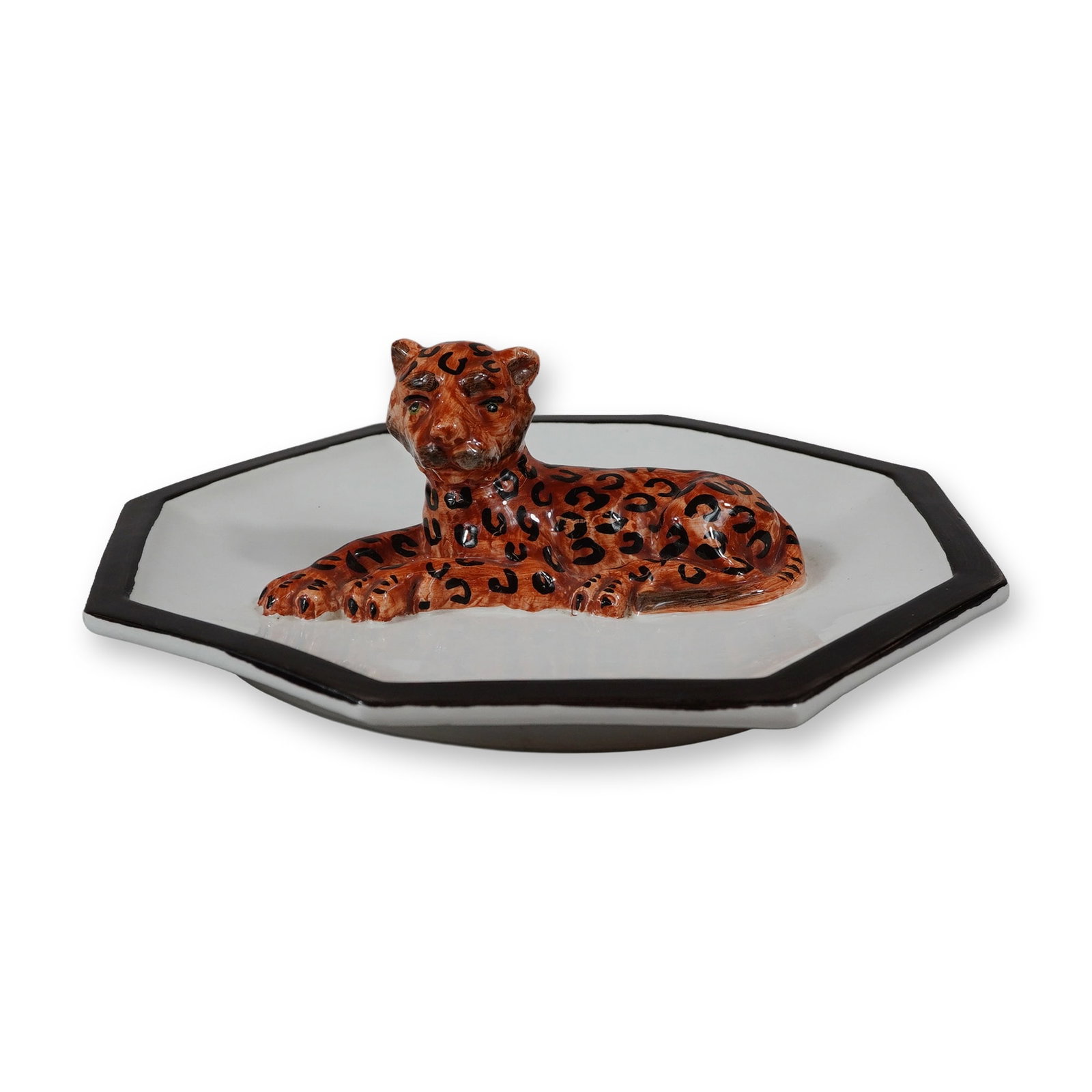 Italian Ceramic Octagonal Dish with Reclining Leopard Jaguar (1 of 4)