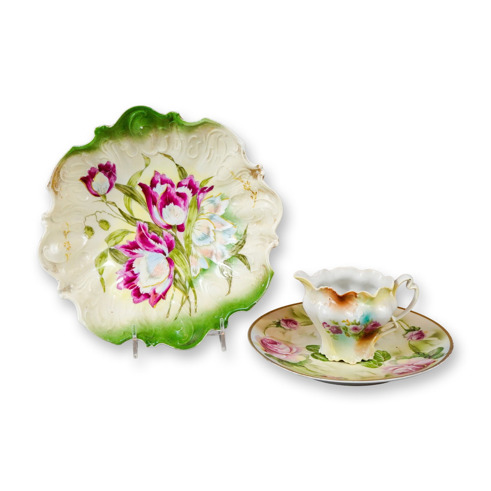 Three-Piece Porcelain Grouping with Floral Motif Including Erdmann Schlegelmilch ES Prussia (1 of 3)