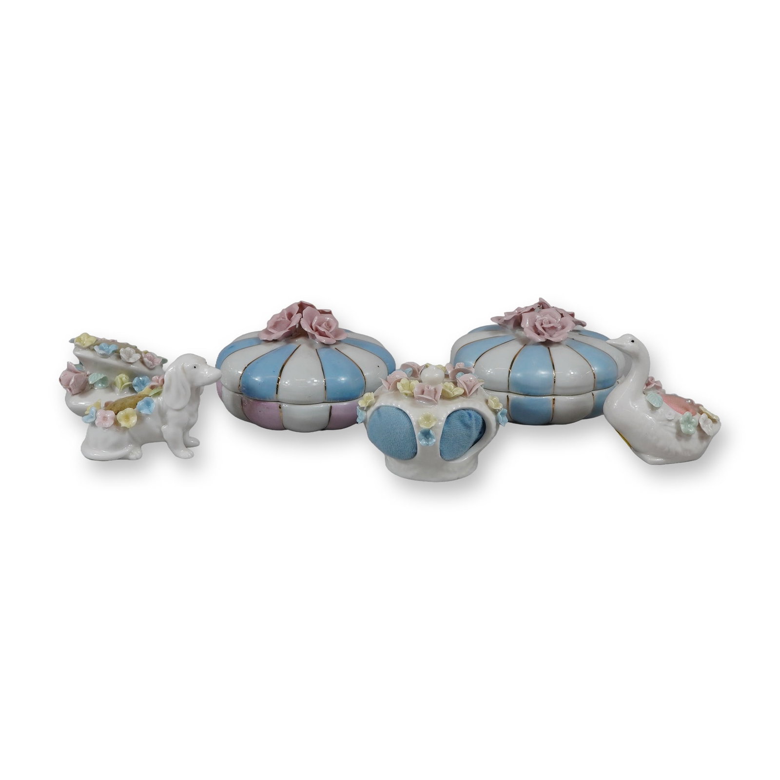 6pc Pink, White, and Blue Floral Lidded Trinket Dishes and Floral Porcelain Pincushions: This collection comprises six decorative glazed porcelain vanity and sewing items manufactured in Japan during the mid-20th century. The lot includes two lidded trinket or powder jars and four floral 