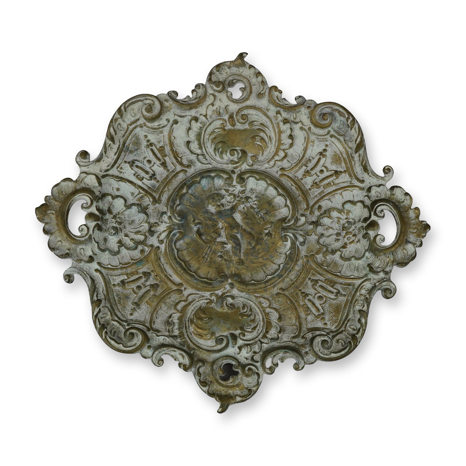 Ornate 19th Century French Napoleon III Style Cast Brass Decorative Tray Modified for Wall Art: This ornate 19th century French Napoleon III style decorative tray is constructed of cast brass, exhibiting the exuberant scrolls and asymmetrical motifs characteristic of the Rococo Revival. The