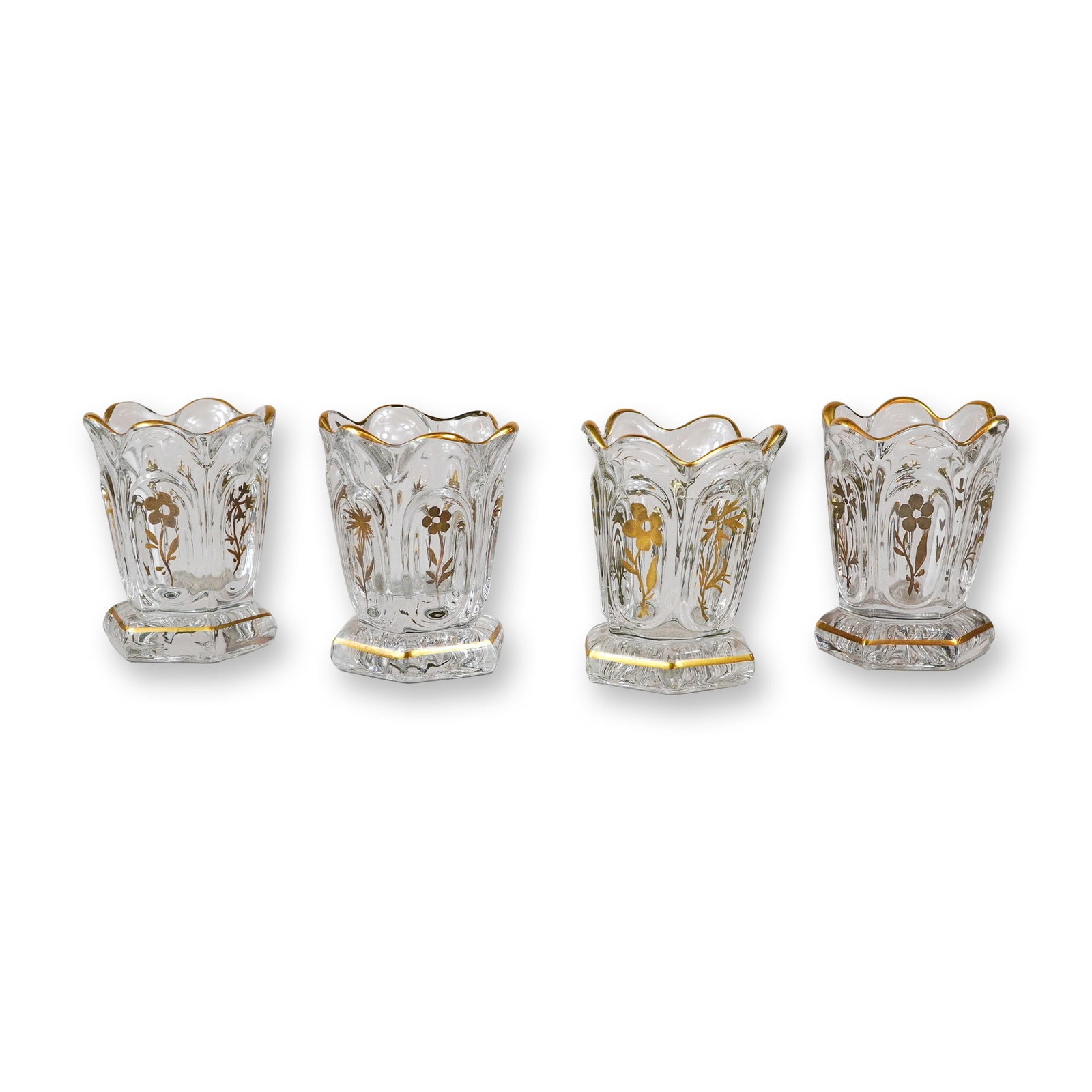 Set of Four EAPG Style Paneled Pressed Glass Toothpick Holders with Gold Floral Decoration (1 of 3)