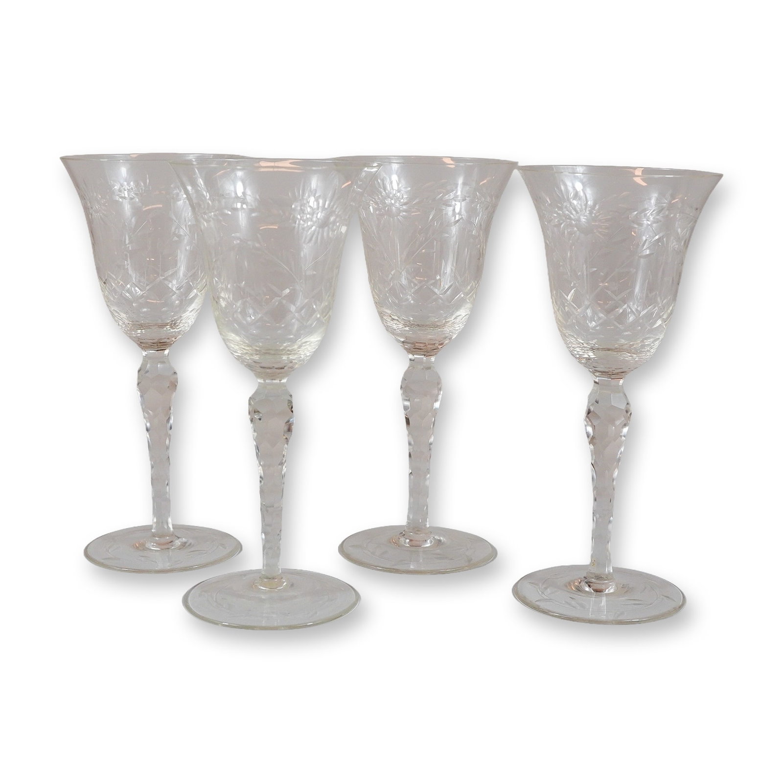4pc Cut Glass Decorated Wine Glasses with Faceted Stems (1 of 3)