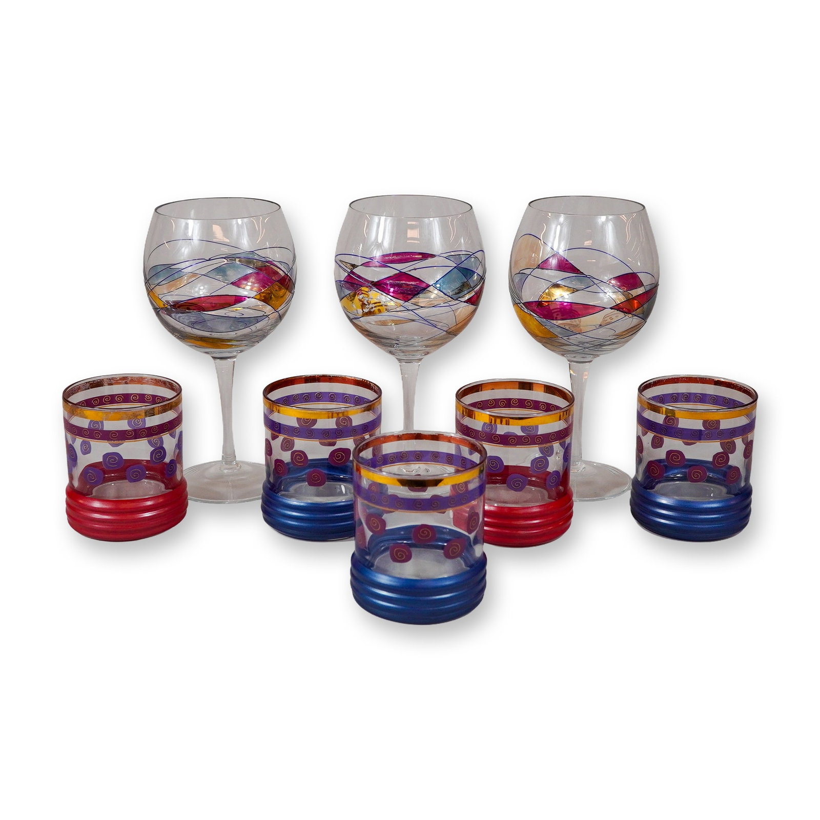 8pc Multicolored Glasses, Sakura Sango Art Glass Tumblers and Mosaic Wine Glasses (1 of 4)