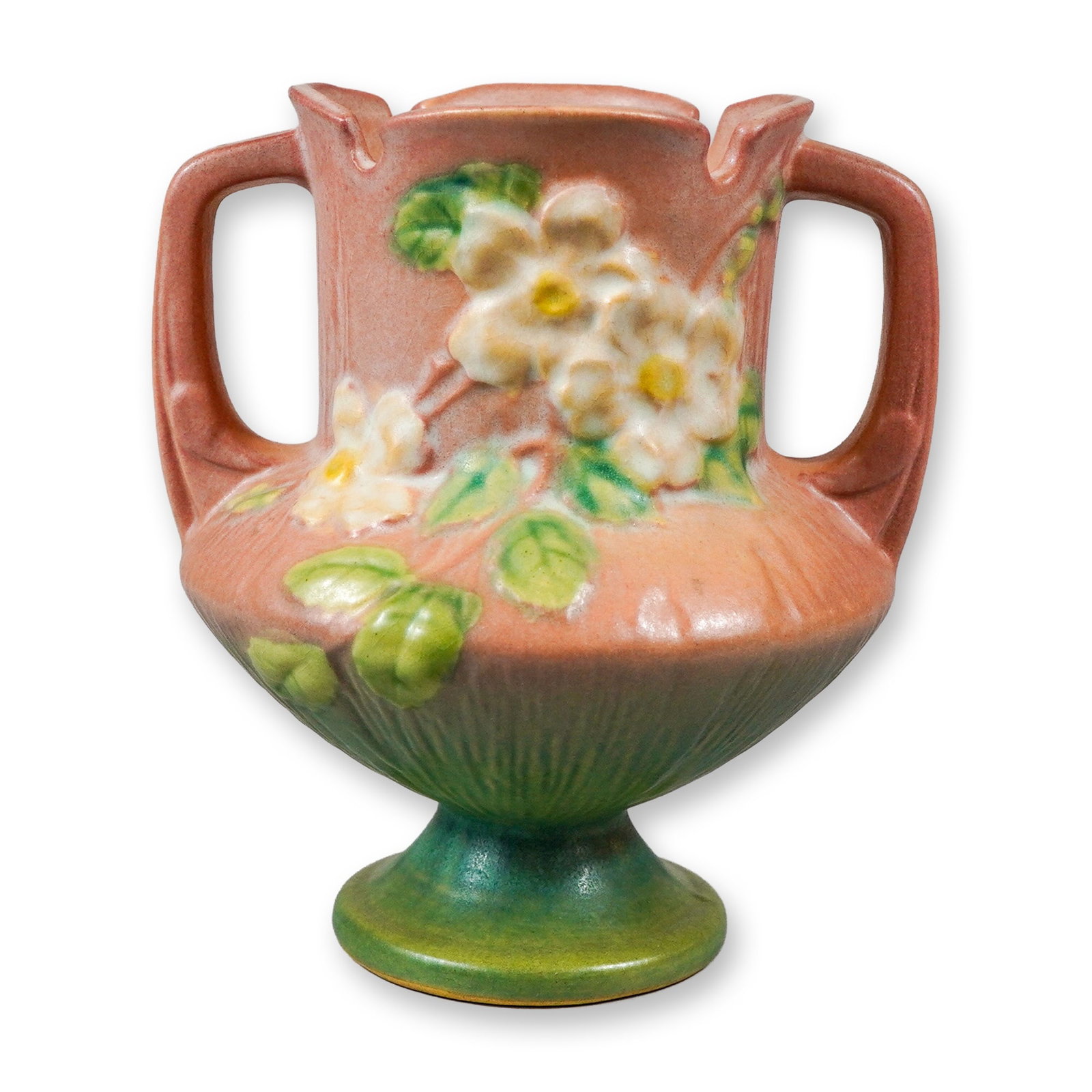 Roseville U.S.A. White Rose Pink and Green Pottery Vase 146-6 (1 of 3)
