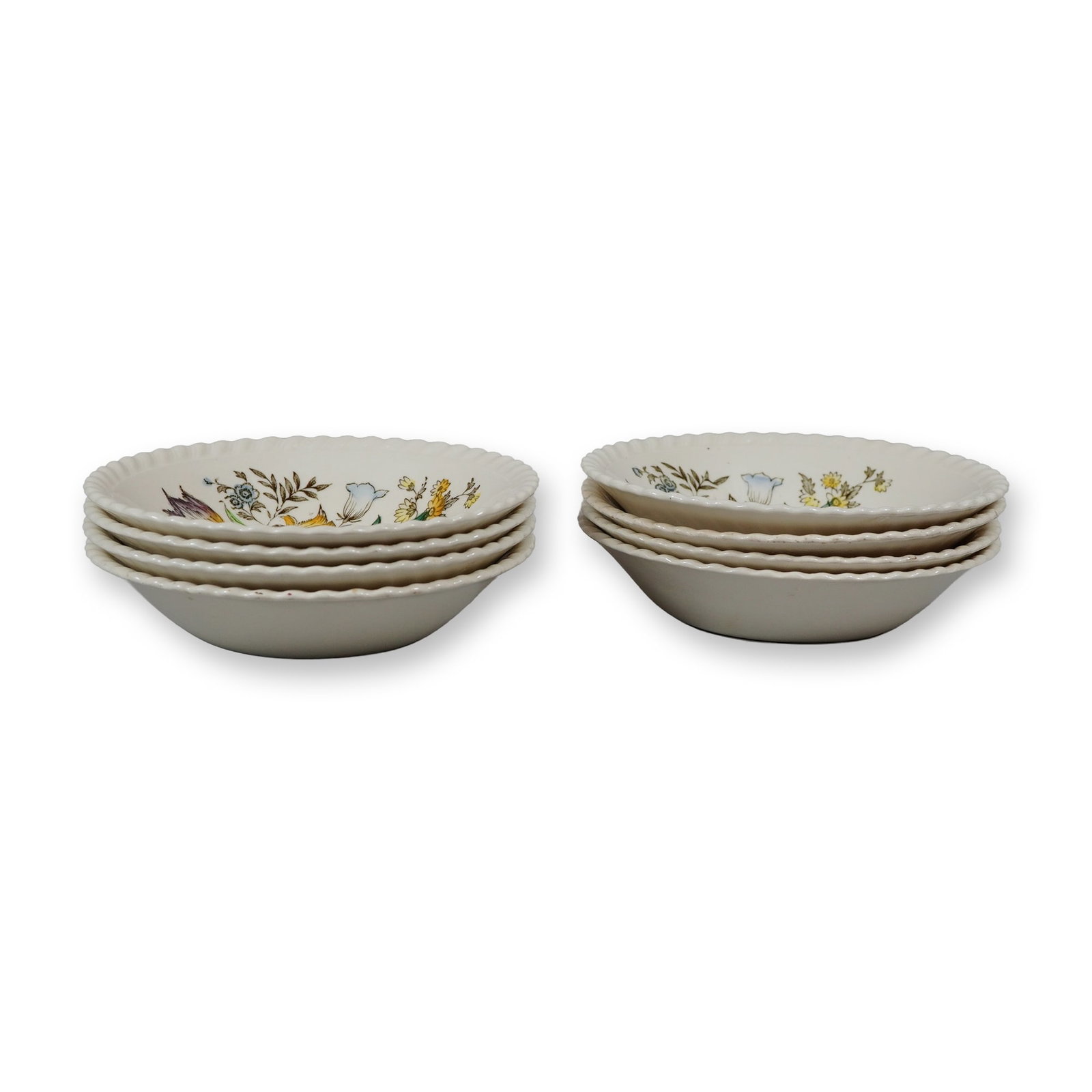 8pc Johnson Brothers Windsor Ware Garden Bouquet Pattern Earthenware Bowls: This set of eight earthenware bowls is produced by Johnson Brothers of England as part of the Windsor Ware line in the Garden Bouquet pattern. Each bowl features a centered polychrome floral transfer-