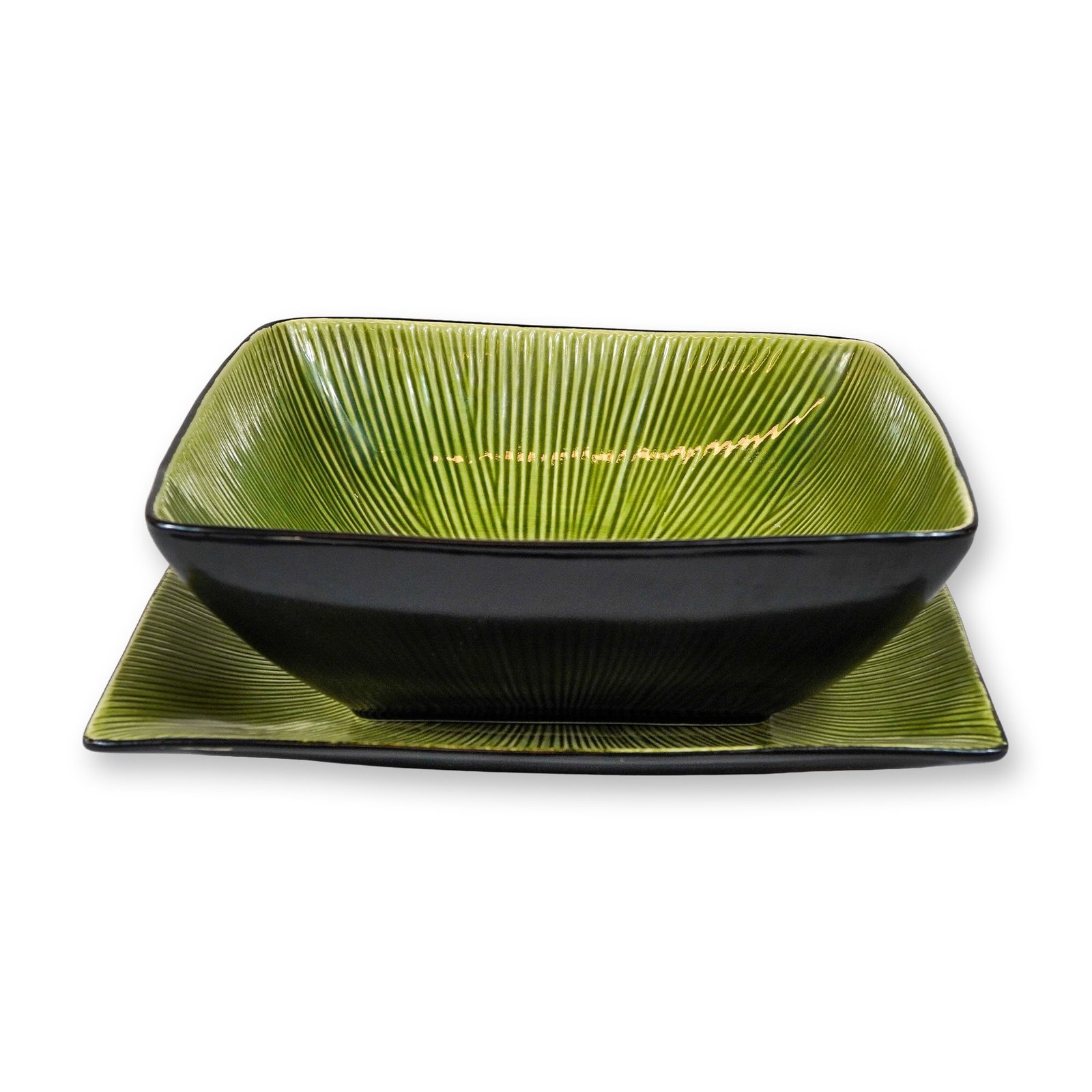 2pc Joseph Abboud Ventana Green Ceramic Serving Pieces: This set of two ceramic serving pieces from the Joseph Abboud Ventana Green collection includes a square bowl and a matching square platter. Both items feature a molded radial ribbed texture on their 