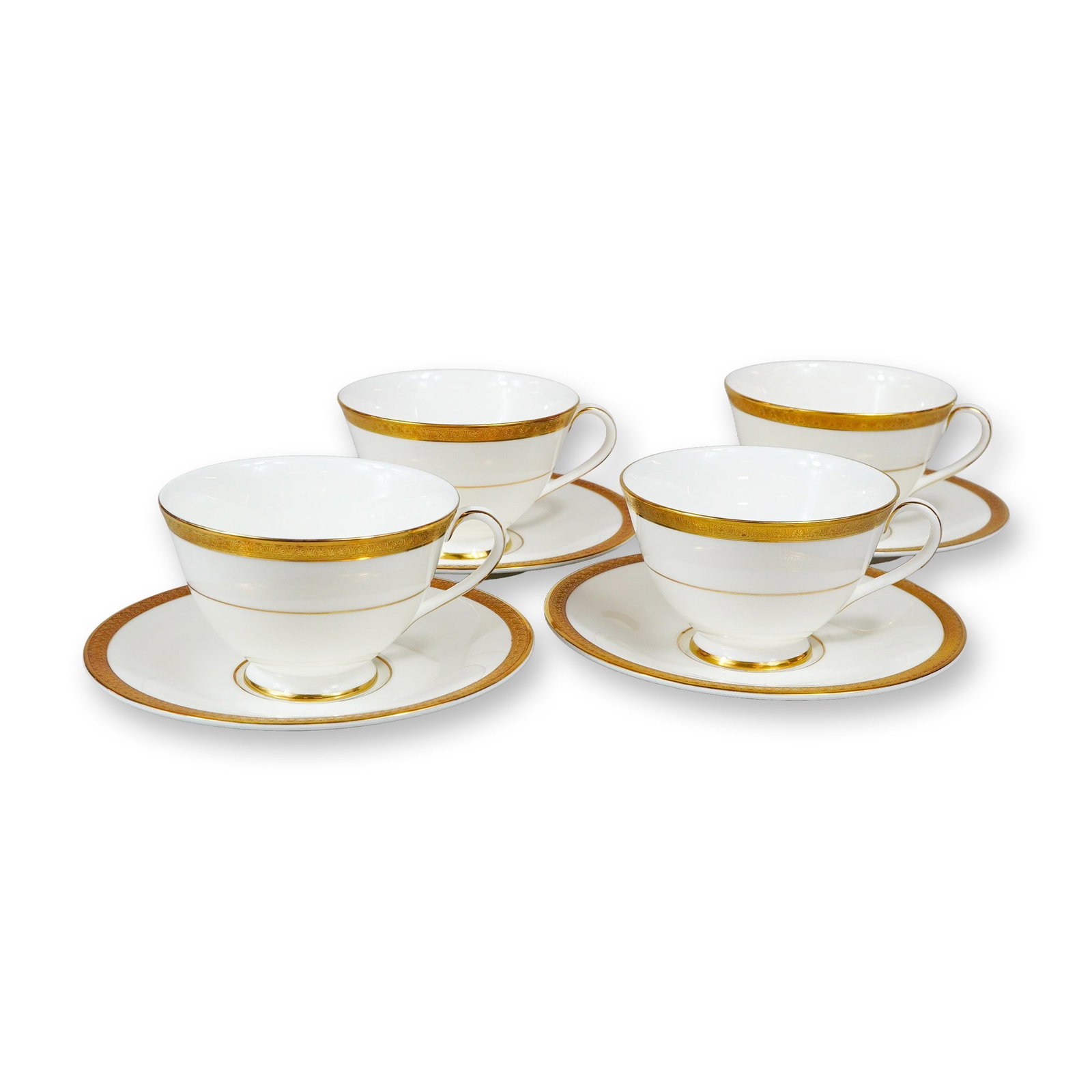 8pc Royal Doulton Royal Gold Bone China Tea Set: Royal Doulton, England. Set of four teacups and matching saucers in English fine bone china, Royal Gold pattern (H. 4980). Each piece features a white ground decorated with a wide acid-etched style go