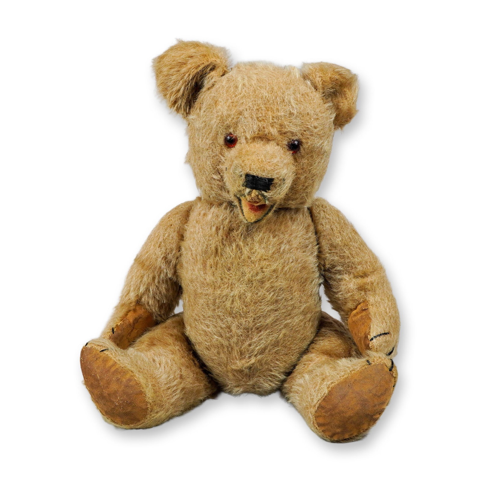 Articulated Stuffed Mohair Teddy Bear with Open Mouth: This vintage articulated stuffed bear toy is a five-way jointed teddy bear constructed from golden-brown mohair plush over a firm internal stuffing, likely excelsior or wood-wool. The bear features a 