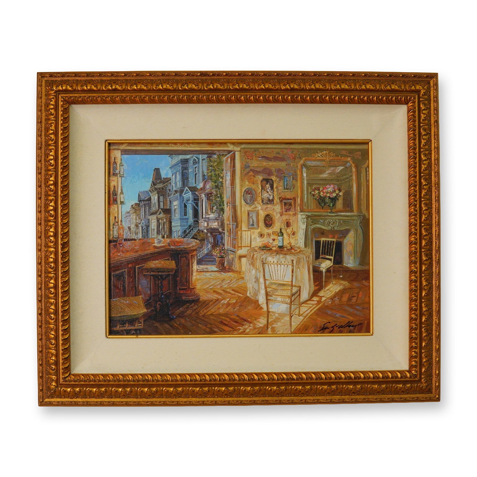 Vadik Suljakov (Russian, b.1960), Hand Embellished Giclee, Room with a View: Decorative hand-embellished giclee on canvas by Russian-born contemporary artist Vadik Suljakov (b. 1960), titled Room with a View. Celebrated for his romantic European scenes, elegant interiors, and 
