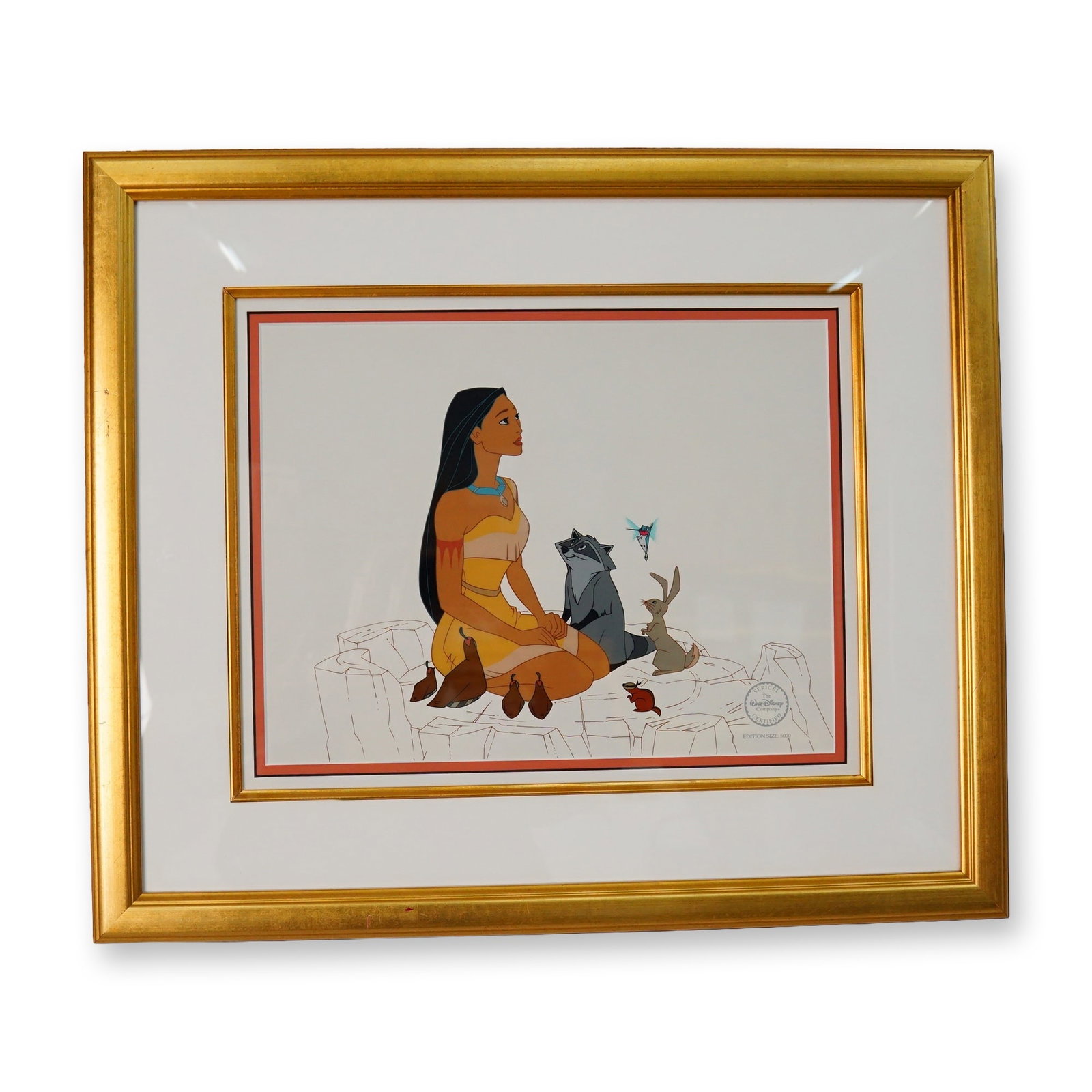 The Walt Disney Co., Limited Edition Sericel, Pocahontas Woodland Friends: Limited edition sericel recreates Woodland Friends Sequence 5.5, Scene 37.5 from the film Pocohontas. Part of edition number 5,000. Certificate of Authenticity included. Dimensions: 21"L x 18"H; sight
