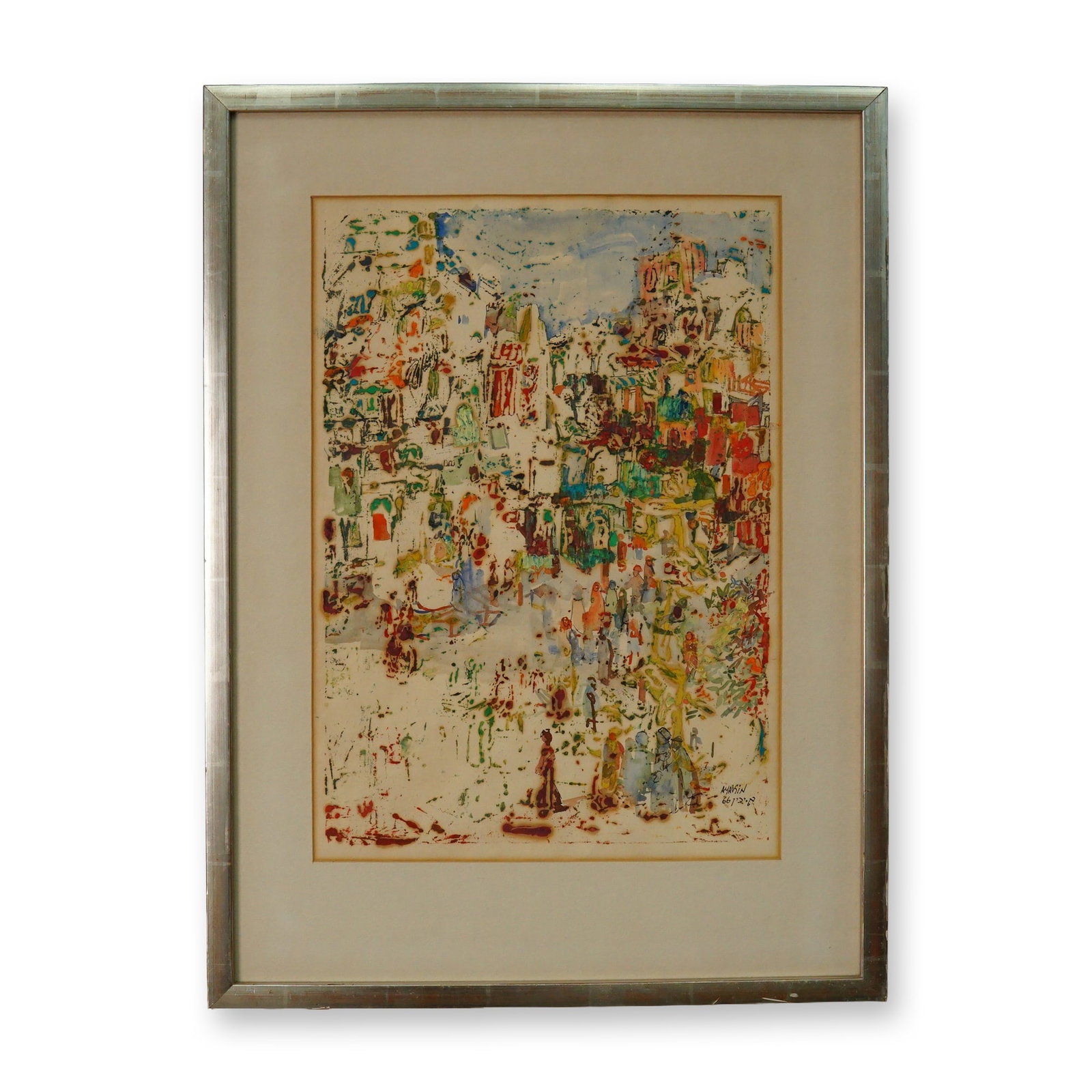 Ayakin (Japanese, 20th c), Mixed Media Watercolor, Cityscape Street Scene: Charming mixed media cityscape by Ayakin (Japanese, 20th century), depicting a lively street scene rendered with a compelling combination of artistic techniques. The composition showcases the artist's