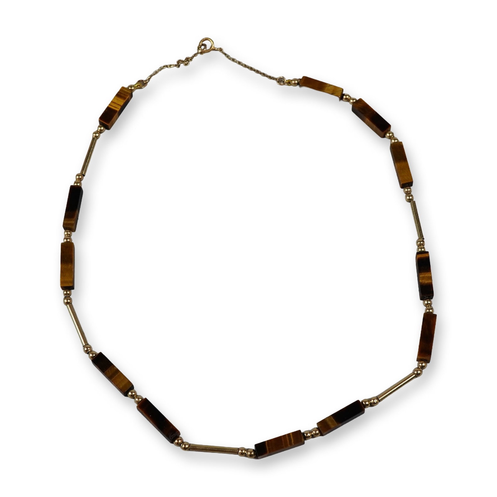 Tiger's Eye Block and 14K Gold Link Necklace: This vintage necklace features rectangular block-cut tiger's eye gemstone beads alternating with 14 karat gold components. The tiger's eye beads exhibit characteristic chatoyancy with horizontal bandi