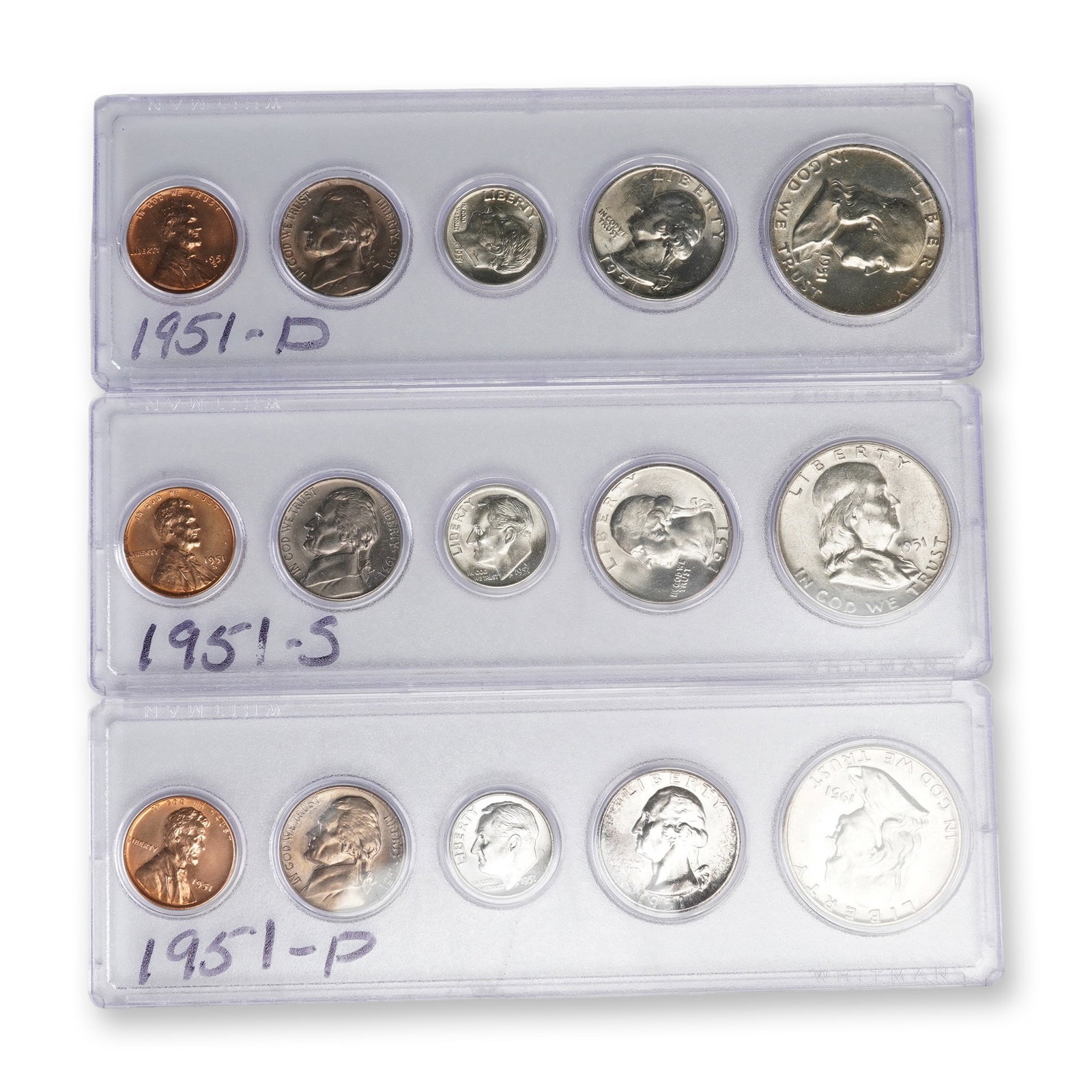 3pc 1951 D, P, S U.S. Mint Coin Sets: Coin sets from 1951, representing the Denver, Philadelphia, and San Francisco Mints. Each set contains five coins: Lincoln cent, Jefferson nickel, Roosevelt dime, Washington quarter, and Franklin half