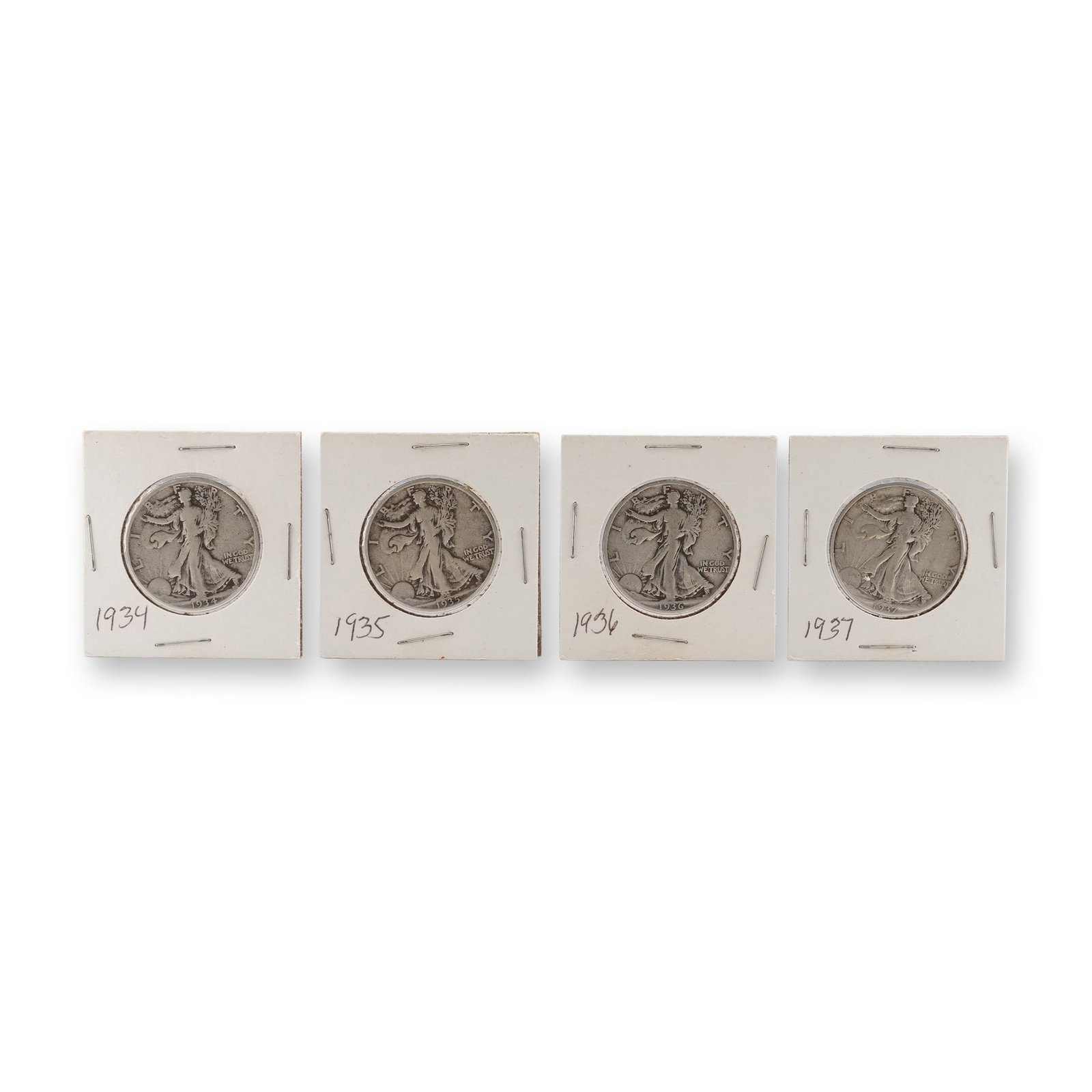4pc 1934 to 1937 American Silver Eagle Type 2 Coins: Dated 1934, 1935, 1936, and 1937, each struck in 90 percent silver with a total weight of 12.5 grams per coin. The obverse depicts Lady Liberty striding toward the rising sun with inscriptions LIBERTY