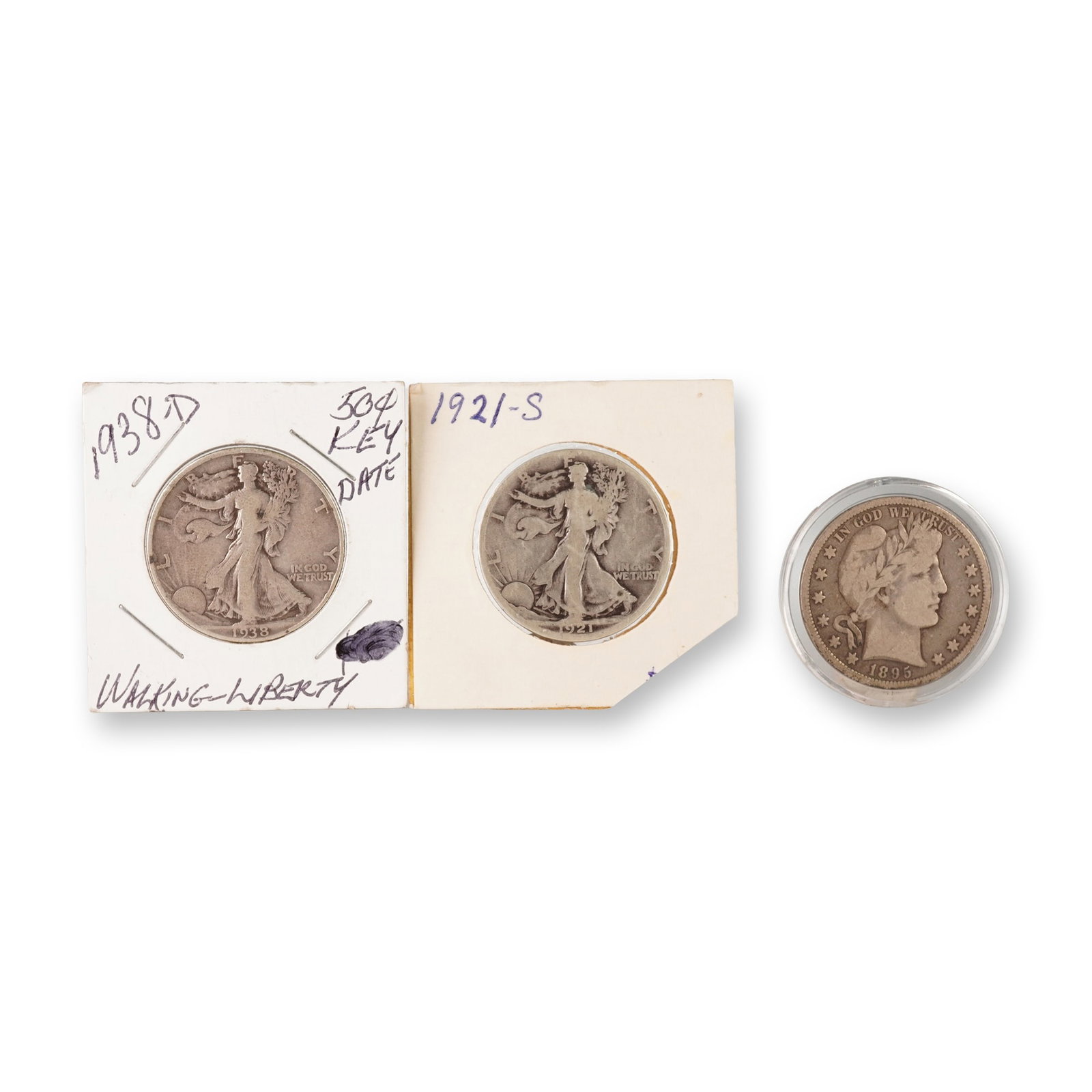 3pc 1921-S & 1938-D Walking Liberty Half Dollar & 1895-O Barber Half Dollar (1 of 5)