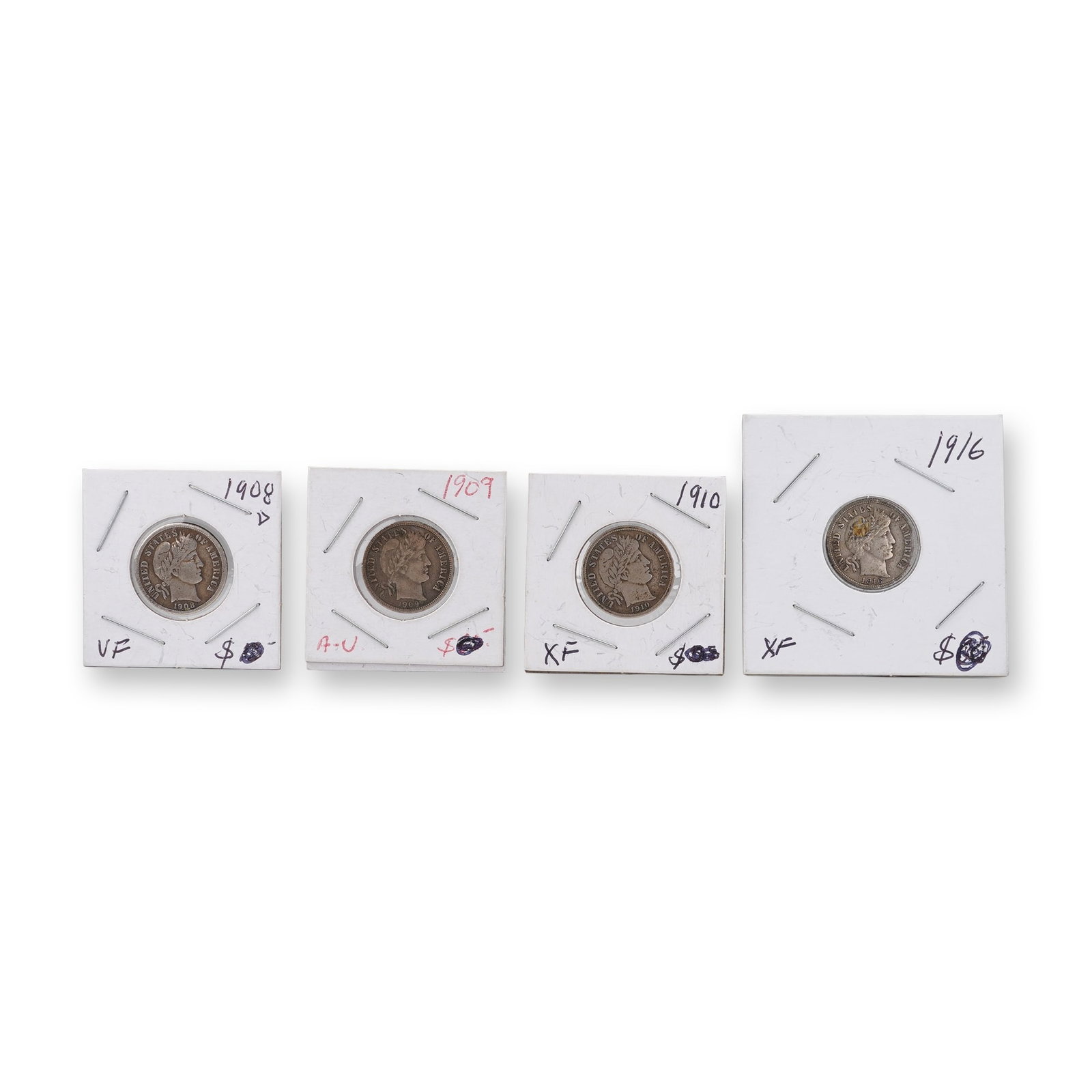 4pc 1908-S, 1909, 1910 & 1916 Barber Silver Dimes (1 of 7)