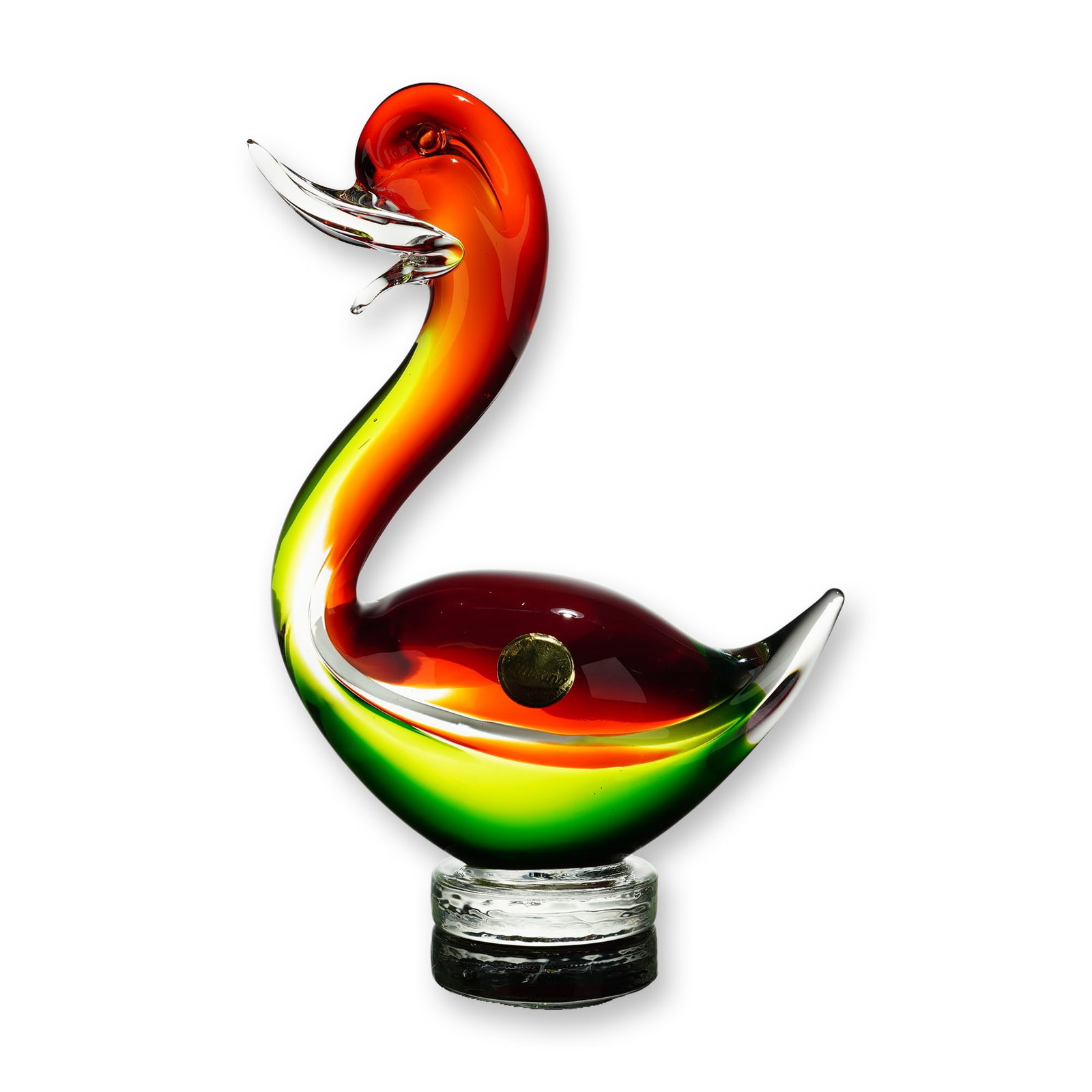 Murano Sommerso Art Glass Swan Figurine: Italian Murano sommerso art glass swan figurine featuring multi-layered color construction. Hand-blown piece utilizing the sommerso technique to layer a deep ruby red core within vibrant orange, yello