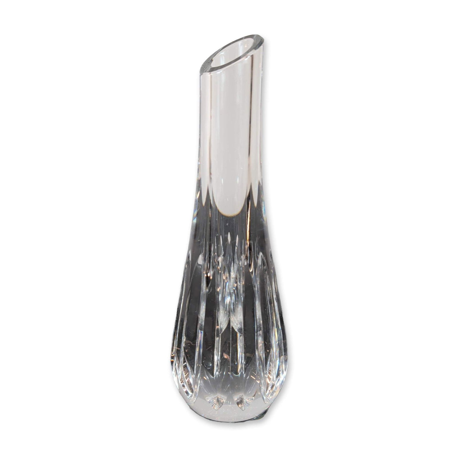 Baccarat French Cut Crystal Bud Vase: Baccarat bud vase in clear cut crystal, featuring a flared rim, a tapered body with deep vertical mitre cuts in a stylized fluted pattern, and a multifaceted base. The side of the base bears an etched