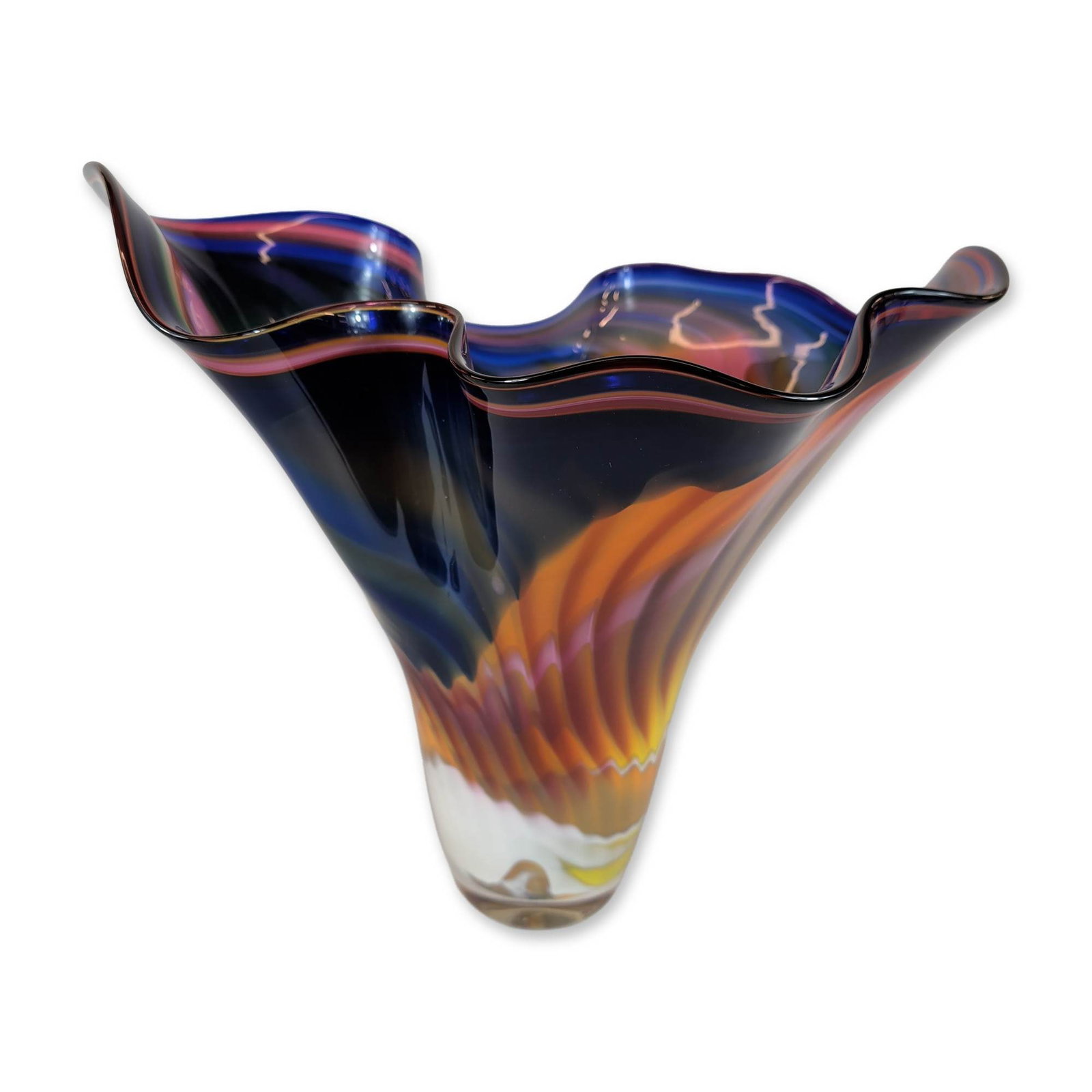 Hand-Blown Art Glass Vase, Artist Signed: Hand-blown studio art glass vase featuring a dramatic ruffled or handkerchief style rim and a tapered body. The vessel is decorated with complex pulled and combed multicolored patterns in a palette of