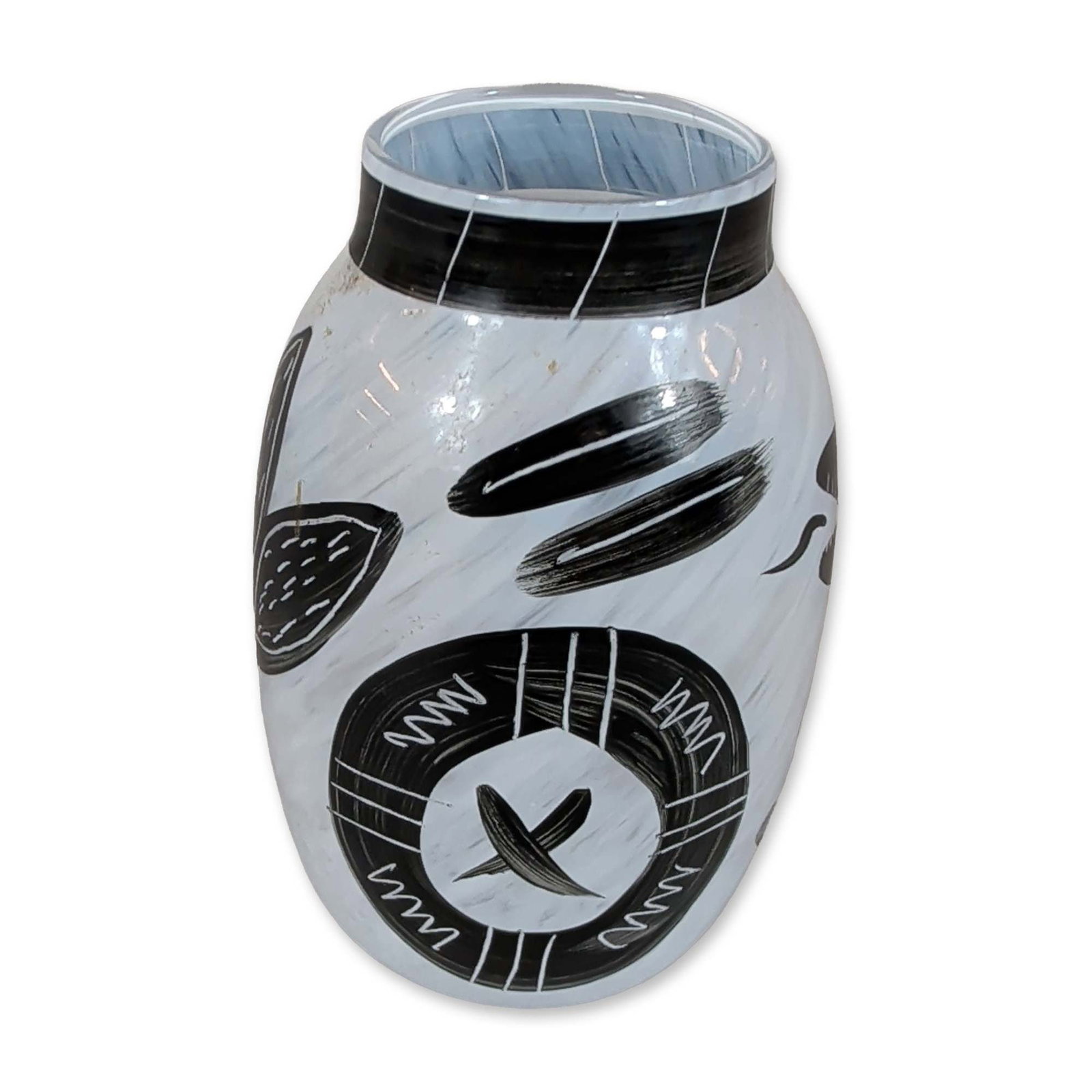 Kosta Boda Ulrica Hydman-Vallien Caramba Glass Vase: Miniature ovoid art glass vase in opaque white with hand-painted black abstract decoration, featuring stylized organic forms, cross-hatching, and brushstroke motifs. The short neck is accented with a 