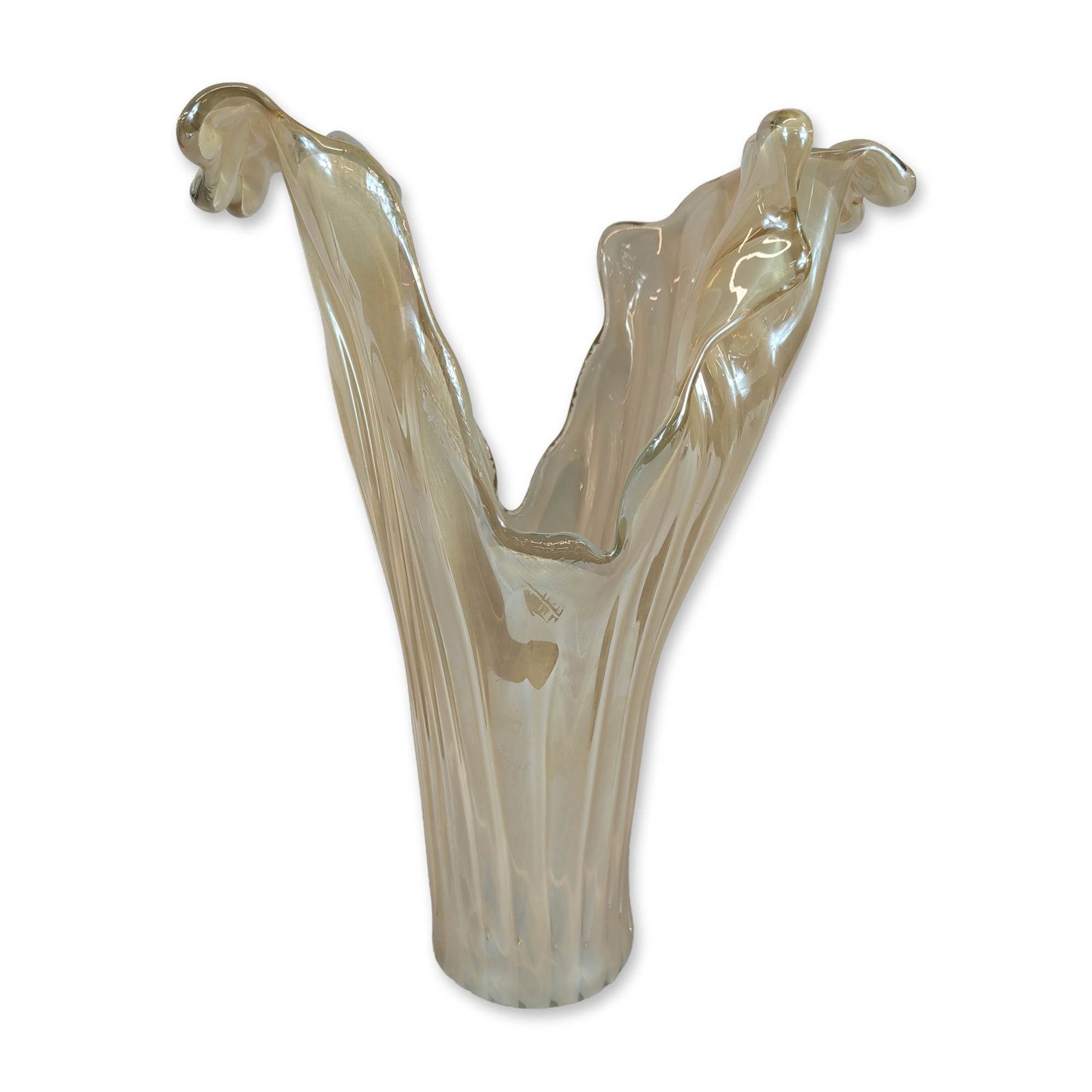 Mid-Century Modern Iridescent Glass Swung Vase: Mid-century modern style. Swung art glass vase in iridescent champagne-colored glass, featuring a vertically ribbed body that extends into two hand-pulled peaks at the rim. The base is ground flat and