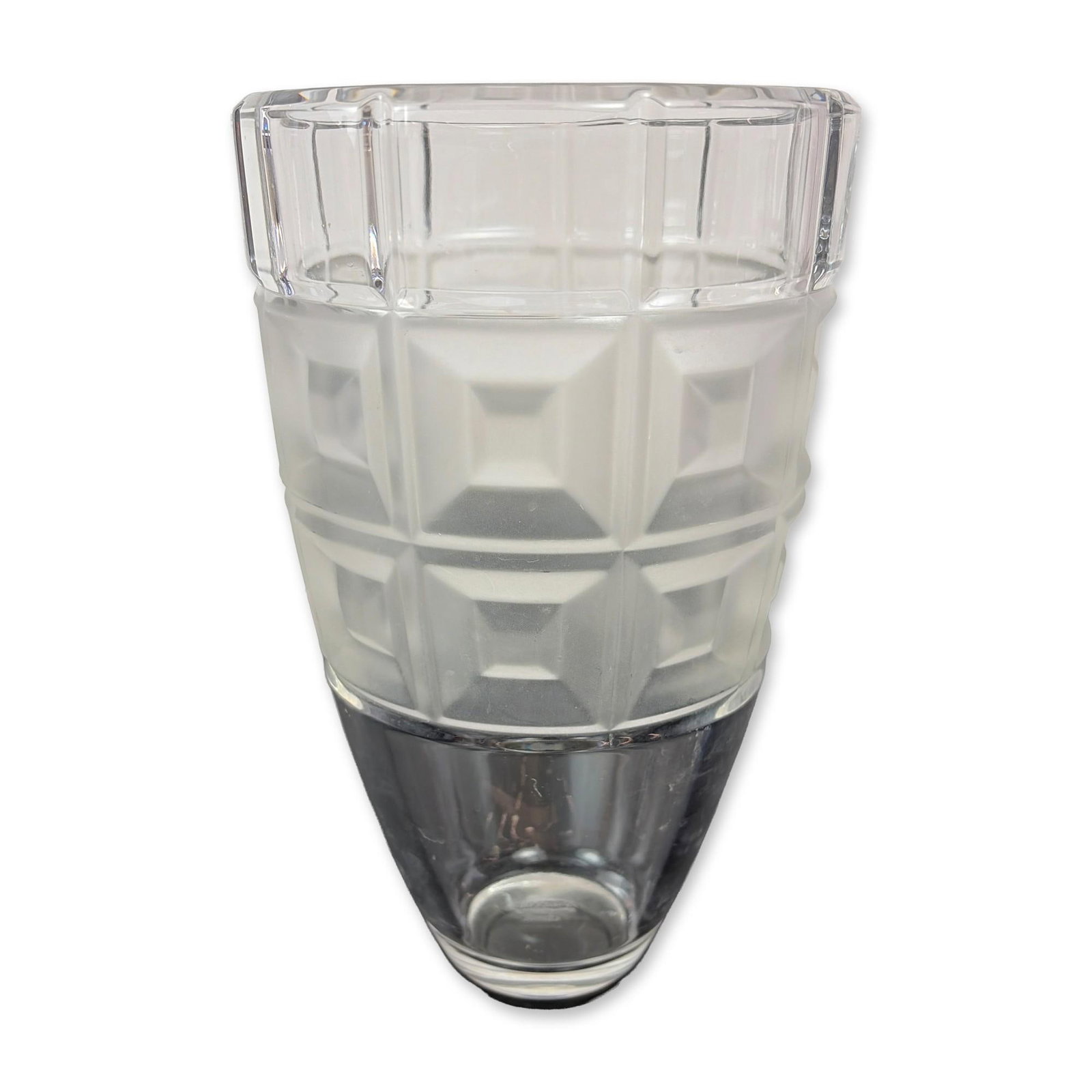 Rosenthal Classic Domus Crystal Vase: Rosenthal Classic collection lead crystal vase in the Domus pattern. The tapered form features a clear ribbed rim above a central frosted band with a recessed square grid motif. The lower section is c
