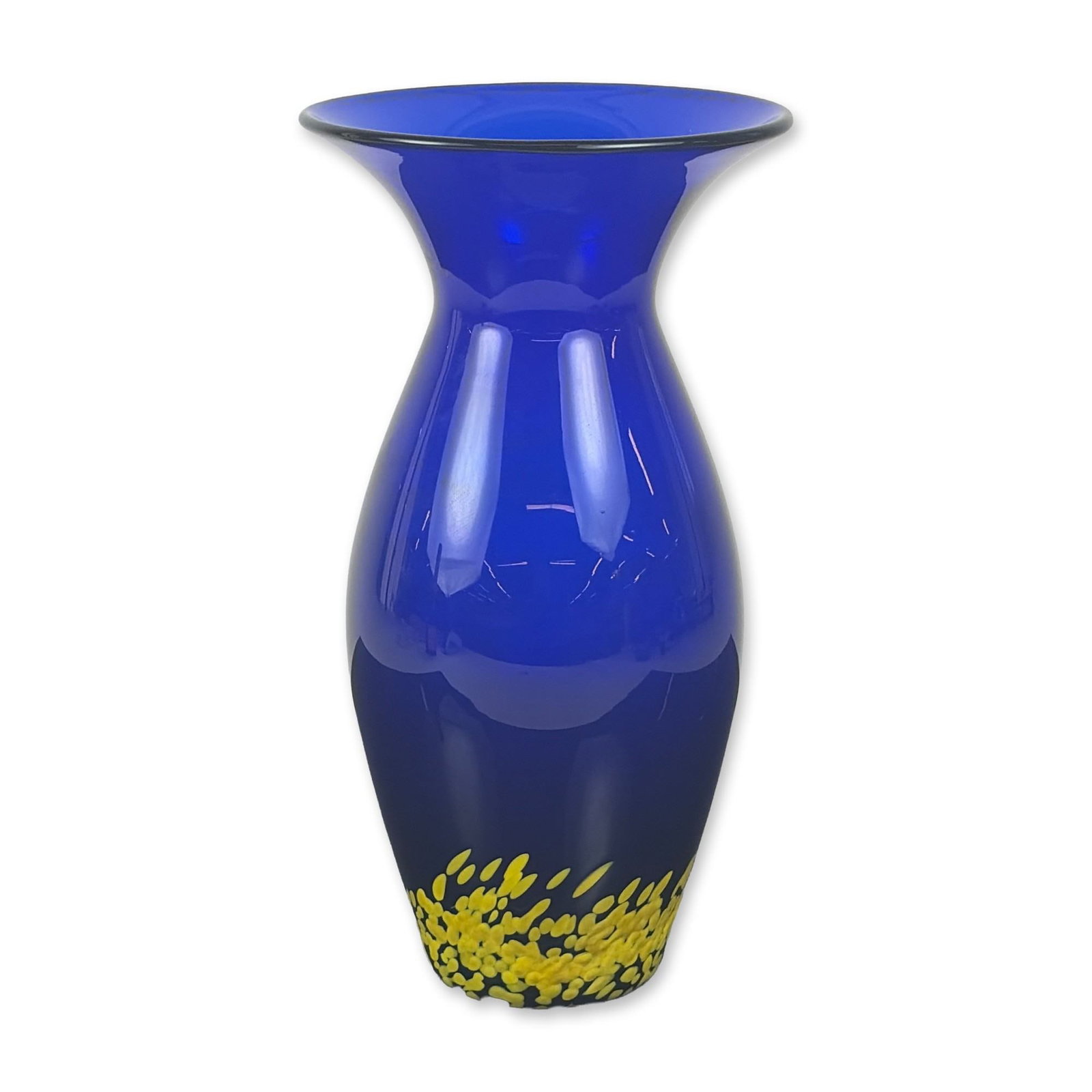 Sasaki Crystal Cobalt Blue and Yellow Glass Vase: Sasaki Crystal handcrafted glass vase in cobalt blue featuring applied yellow frit decoration. The form consists of a flared rim and waisted neck transitioning to a bulbous body. Base retains a rectan