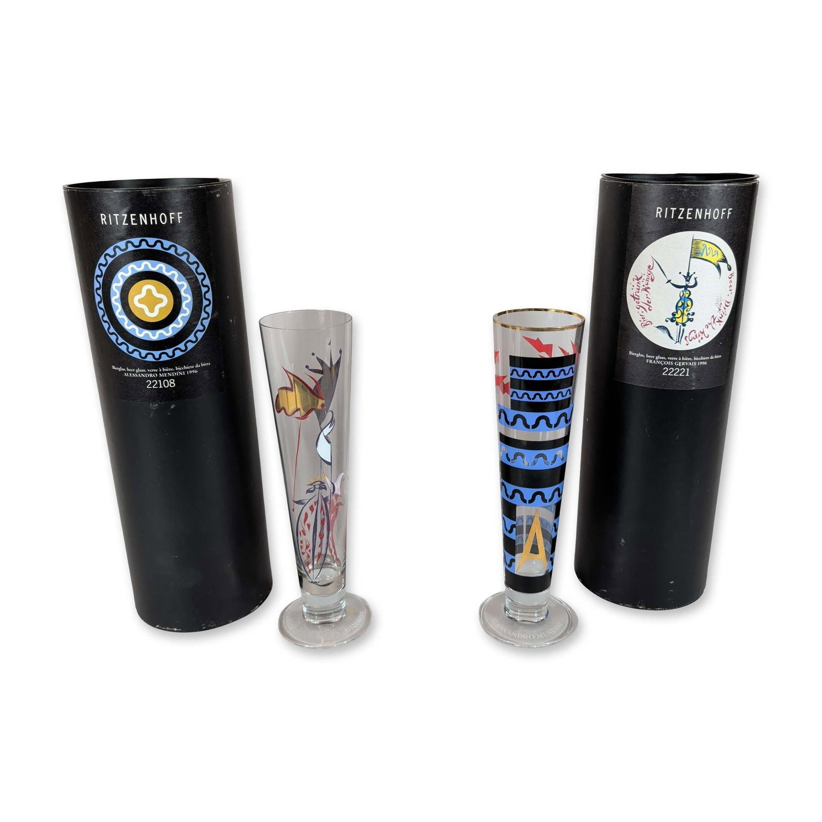 Two 1996 Ritzenhoff Artist Series Beer Glasses: Two designer pilsner-style beer glasses in clear glass with enameled graphic decoration, dated 1996. One glass features a design by Alessandro Mendini with bold horizontal bands in black and blue
