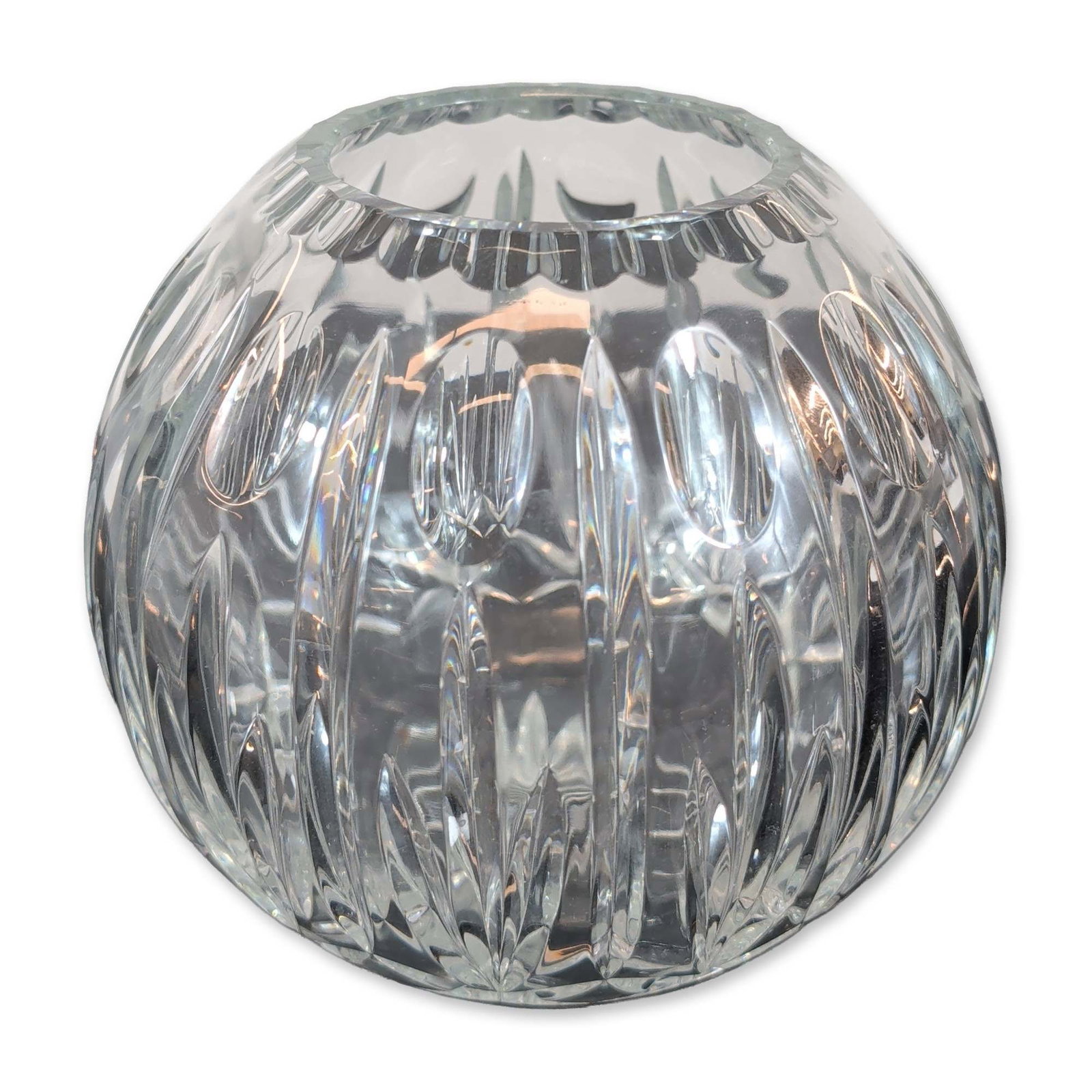 Cazlor Cut Lead Crystal Bowl: Cazlor bowl in clear lead crystal, featuring a spherical body with a scalloped rim. The exterior is decorated with a precision-cut geometric pattern comprising a row of vertical thumbprint cuts inters
