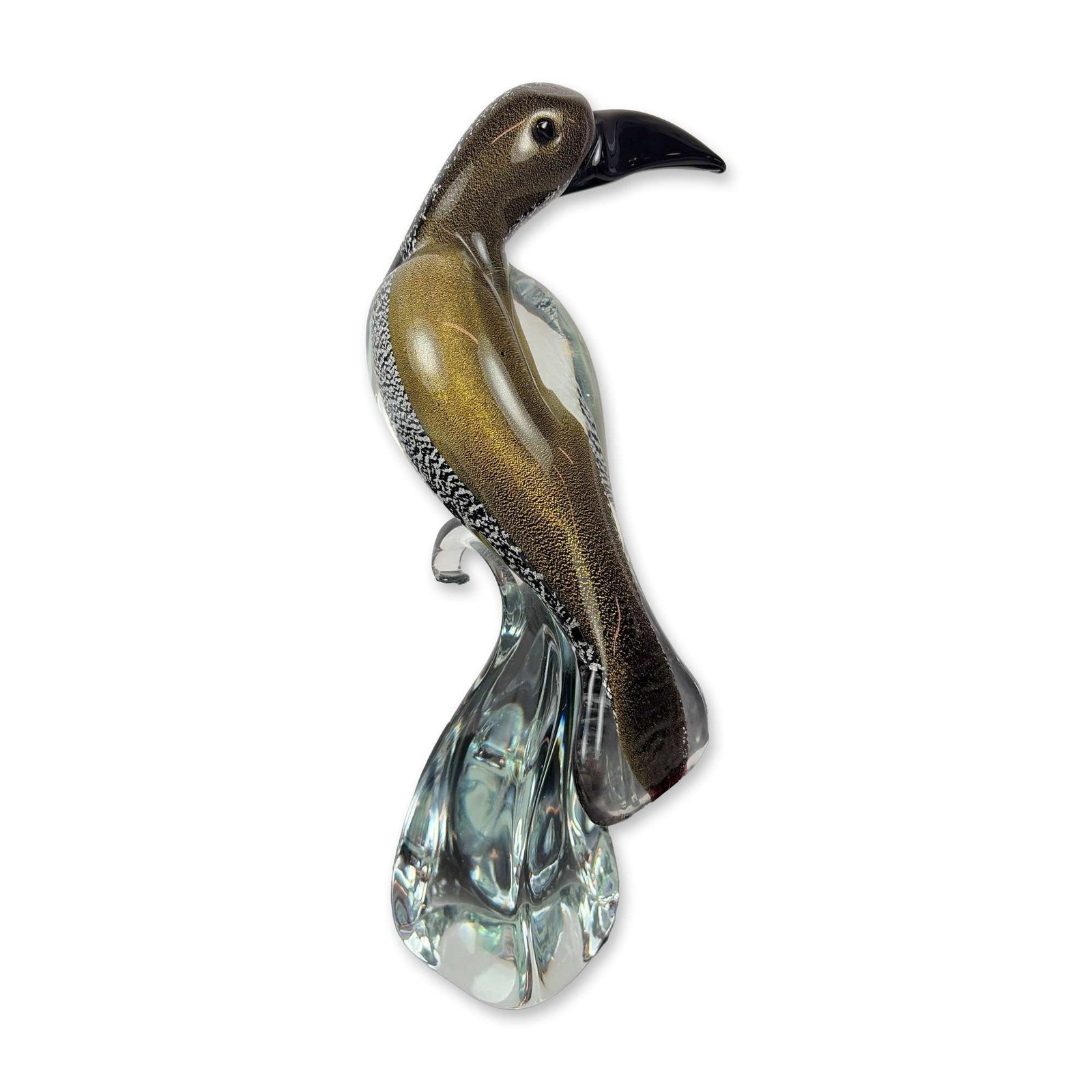 Murano Art Glass Toucan Bird Sculpture: Stylized Toucan bird sculpture in hand-blown Murano art glass. The sculpture features a black glass head and beak transitioning to a white frit speckled neck and back. The lower body contains gold ave