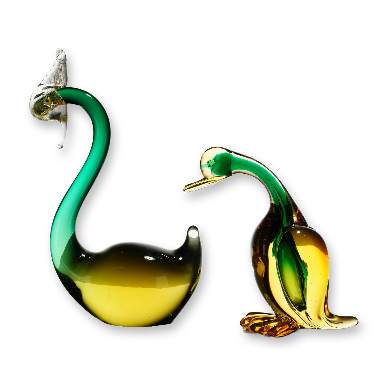 2pc Murano Style Sommerso Art Glass Bird Figurines: Mid-century modern Murano style. Pair of bird figurines in cased sommerso art glass, featuring vibrant green and amber-yellow color layers. The set includes a swan with a long curved neck and a clear 