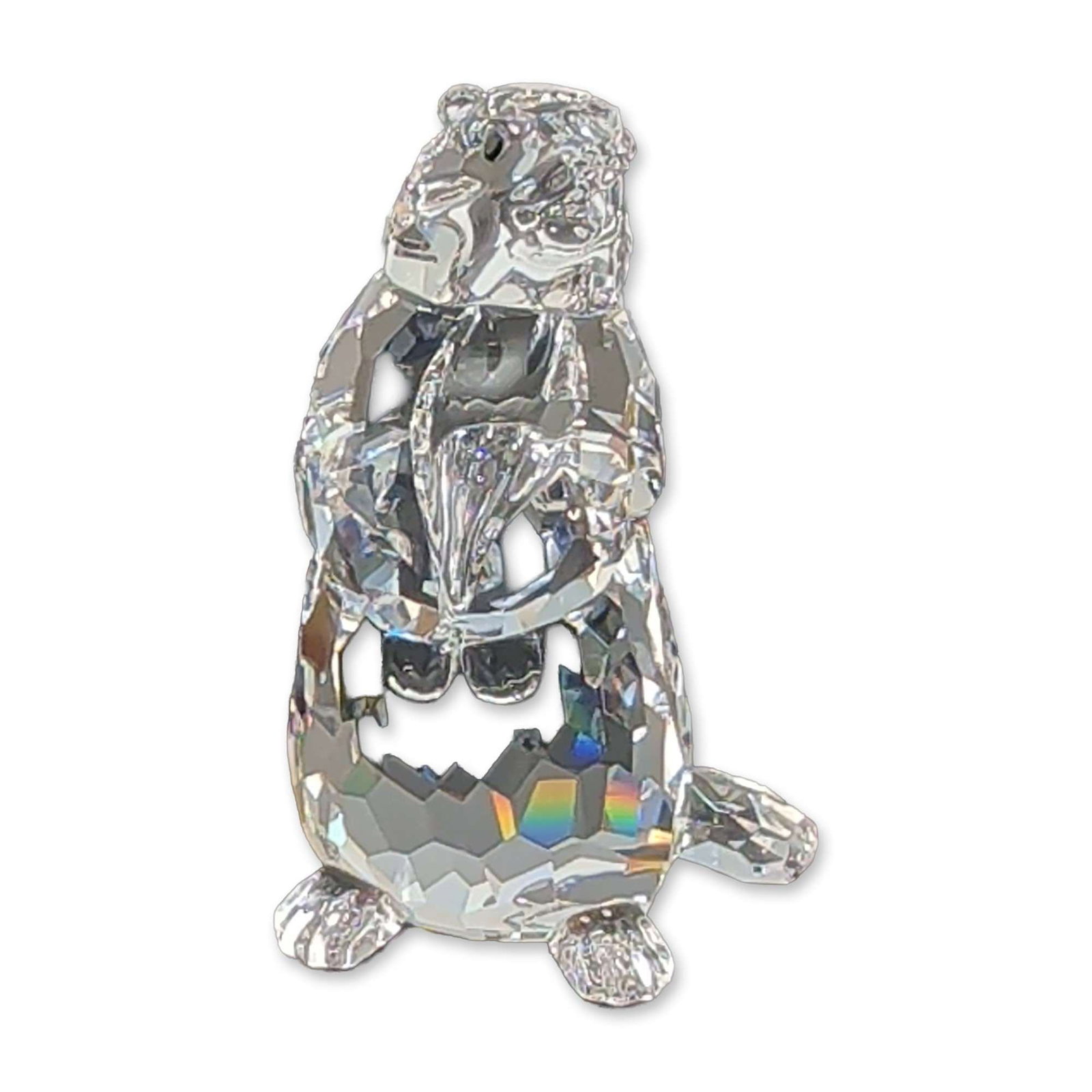 Swarovski Crystal Figurine, Groundhog: Swarovski Groundhog figurine in faceted clear lead crystal, featuring an upright pose with small black crystal bead accents for the eyes and nose. Etched swan maker mark and copyright symbol located o