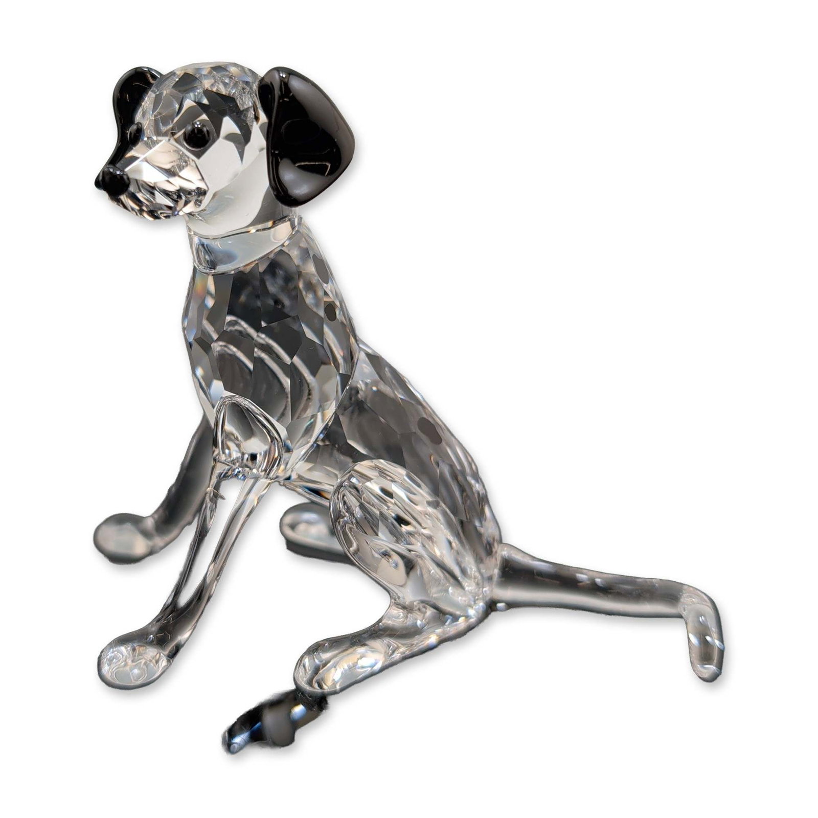 Swarovski Crystal Figurine, Mother Dalmatian: Swarovski crystal Mother Dalmatian dog figurine from The Peaceful Countryside collection designed by Edith Mair. The piece is constructed from clear faceted lead crystal featuring Jet crystal accents 