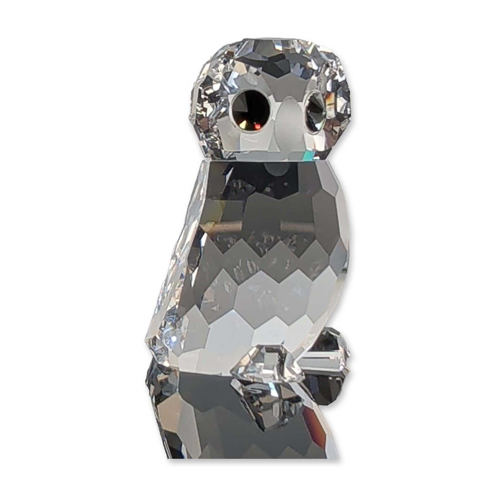 Swarovski Crystal Owlet Figurine: Swarovski crystal figurine titled Owlet composed of faceted clear crystal depicting an owlet, featuring inset crystal eyes and frosted crystal beak. Accompanied by the original Swarovski Silver Crysta