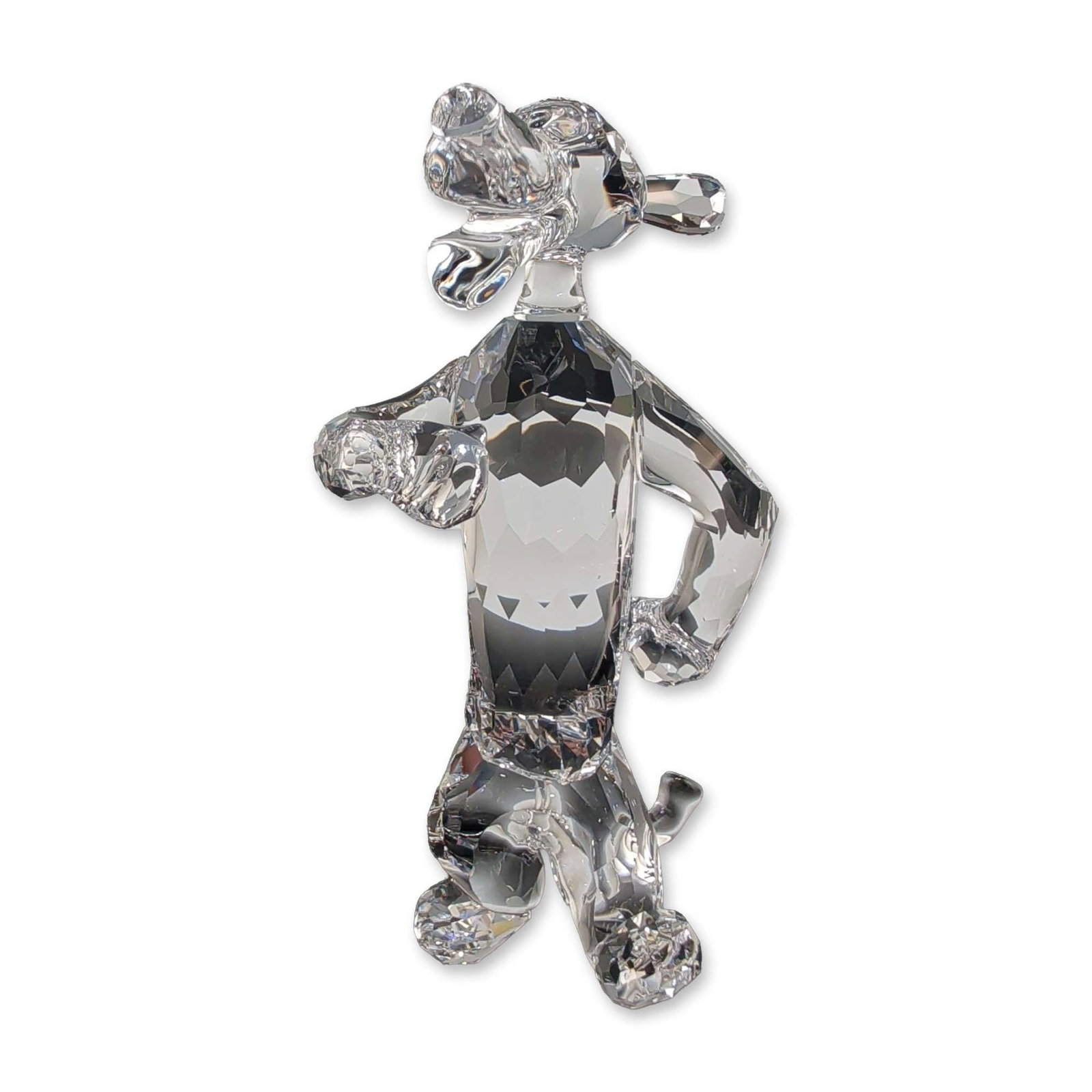 Swarovski Disney Crystal Figurine with Box, Tigger: Swarovski Disney Tigger crystal figurine crafted in faceted clear crystal with jet crystal eyes, depicted in a excited thumbs up standing pose. Marked on the underside of the paw with the Swarovski sw