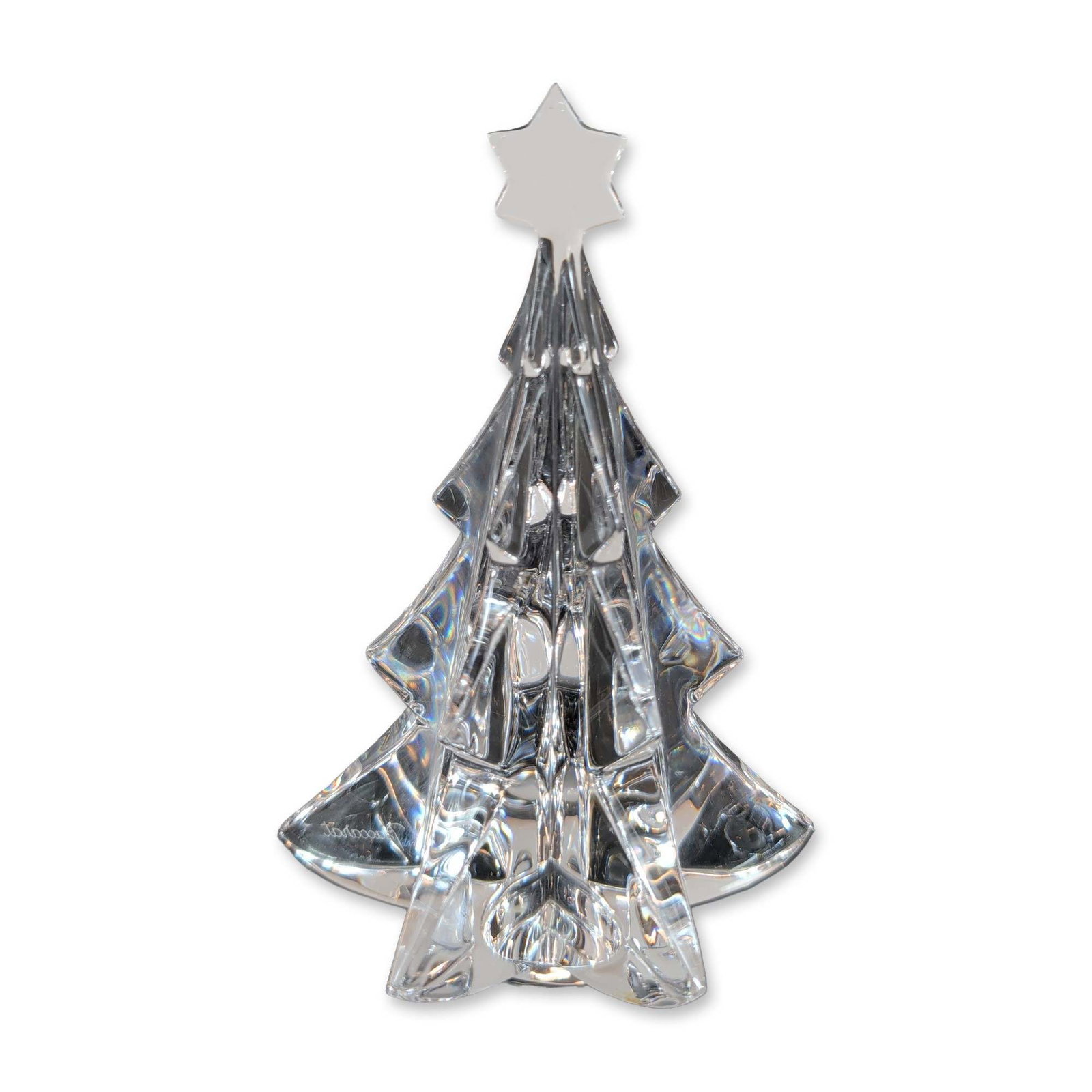 Baccarat France Crystal Christmas Tree: A stylized holiday decorative figurine in the form of a Christmas tree, crafted in clear lead crystal by Baccarat, France. The tree features a modern, geometric design with multiple tiers of sharp, an