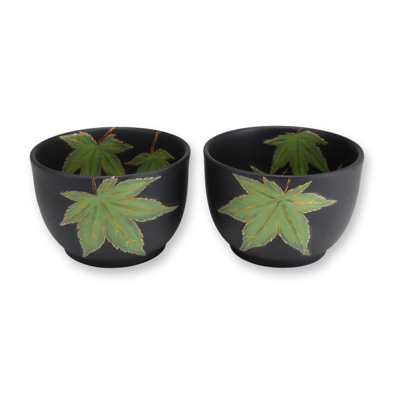Pair of Wedgwood Black Basalt Hand Painted Maple Leaf Tea Bowls (1 of 5)