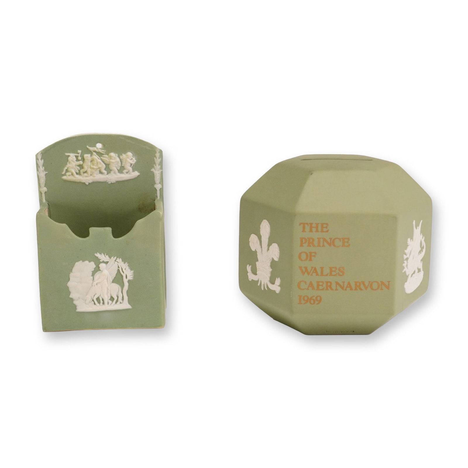 2pc Wedgwood Sage Green Jasperware Coin Bank and Match Holder (1 of 3)