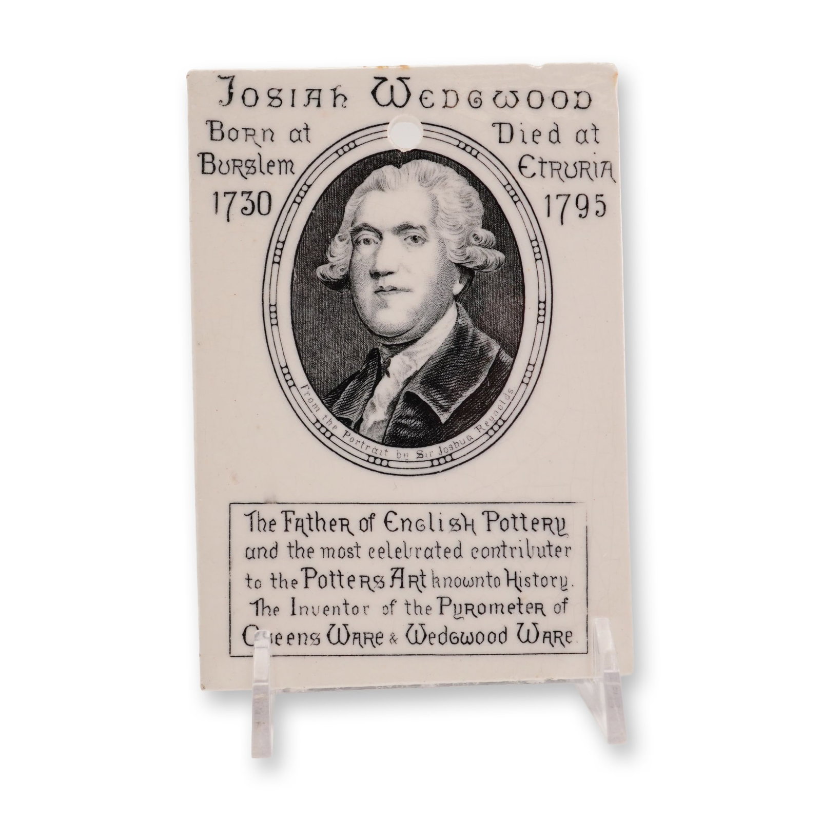 1888 Wedgwood Commemorative Earthenware Calendar Tile: This rectangular white earthenware plaque features black transfer-printed decoration commemorating Josiah Wedgwood. The obverse displays an oval central portrait captioned From the Portrait by Sir Jos