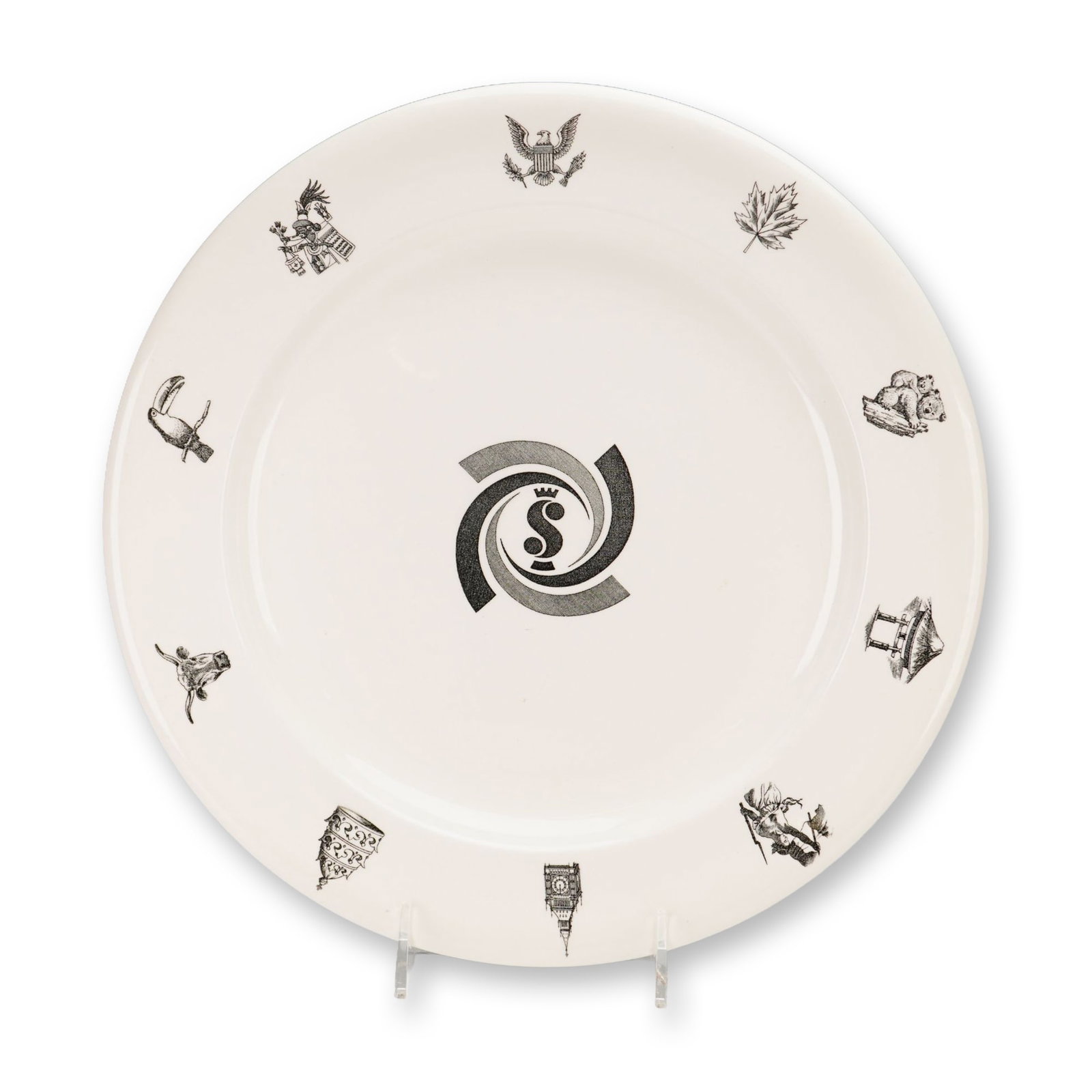 Wedgwood Simmons Bedding Company Commemorative Transferware Platter: This large circular platter is a commemorative piece manufactured by Wedgwood for the Simmons Bedding Company. The item is made of fine creamware earthenware featuring black transfer-printed decoratio